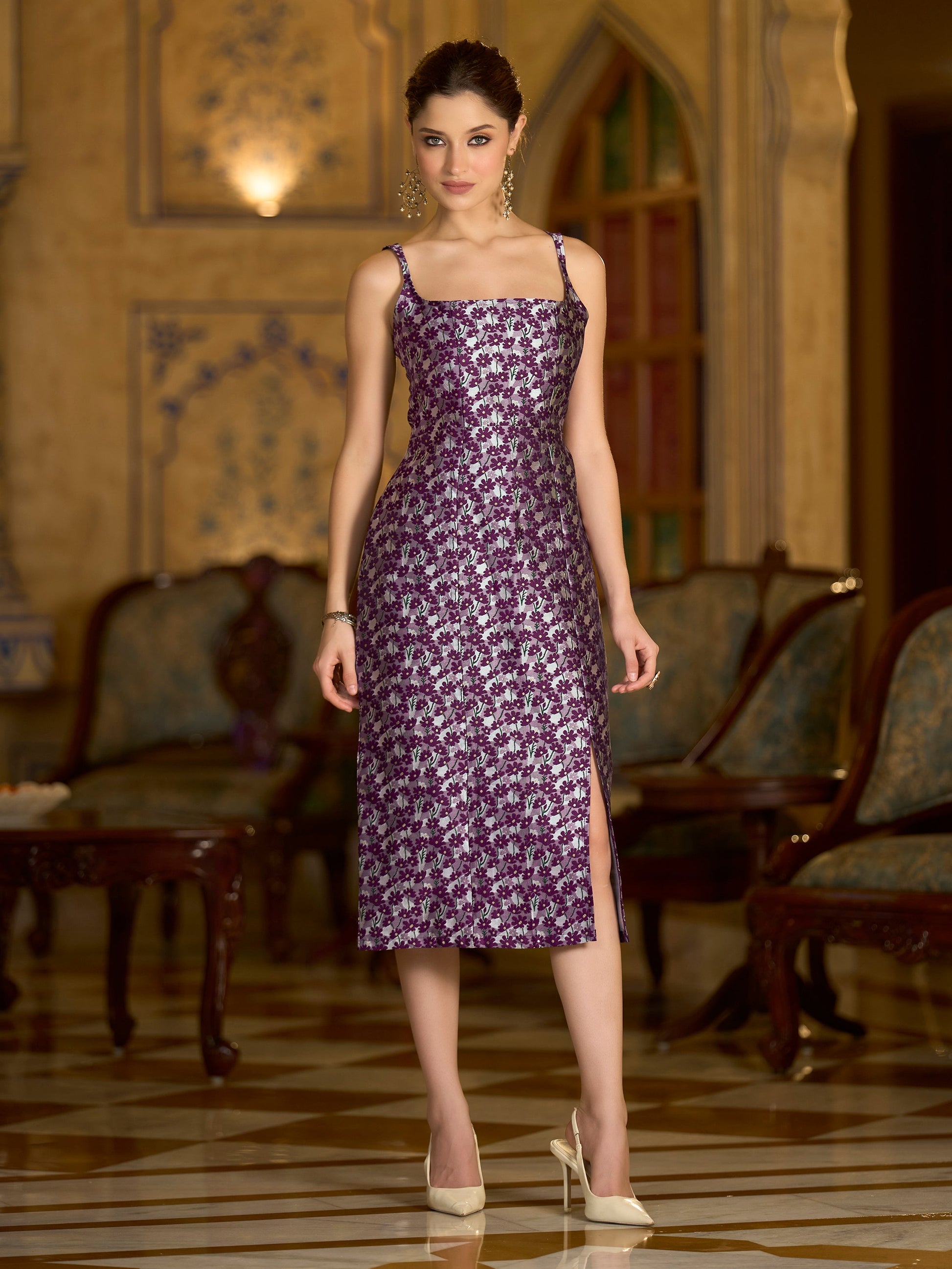 Women Bodycon Midi Sleeveless Square Emblished Dress