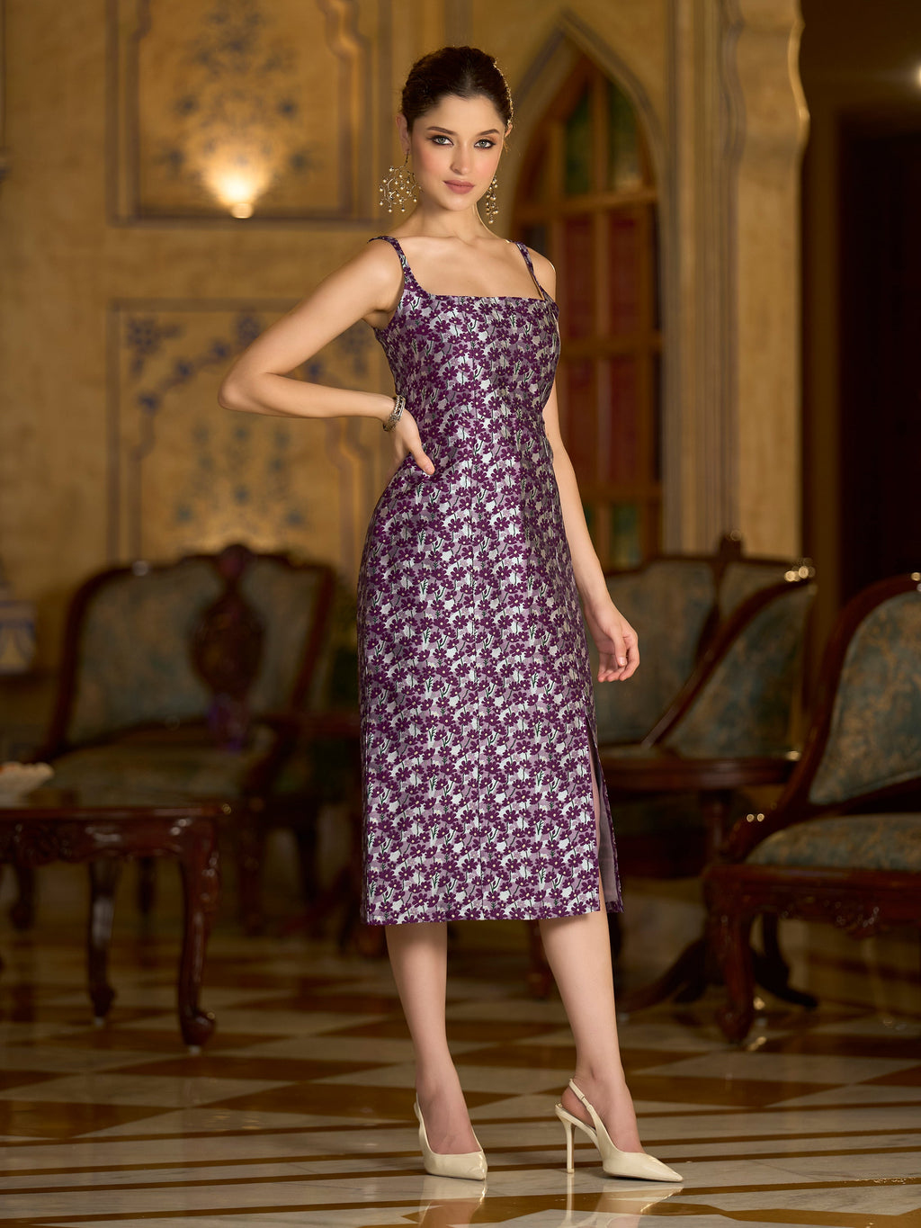 Women Bodycon Midi Sleeveless Square Emblished Dress