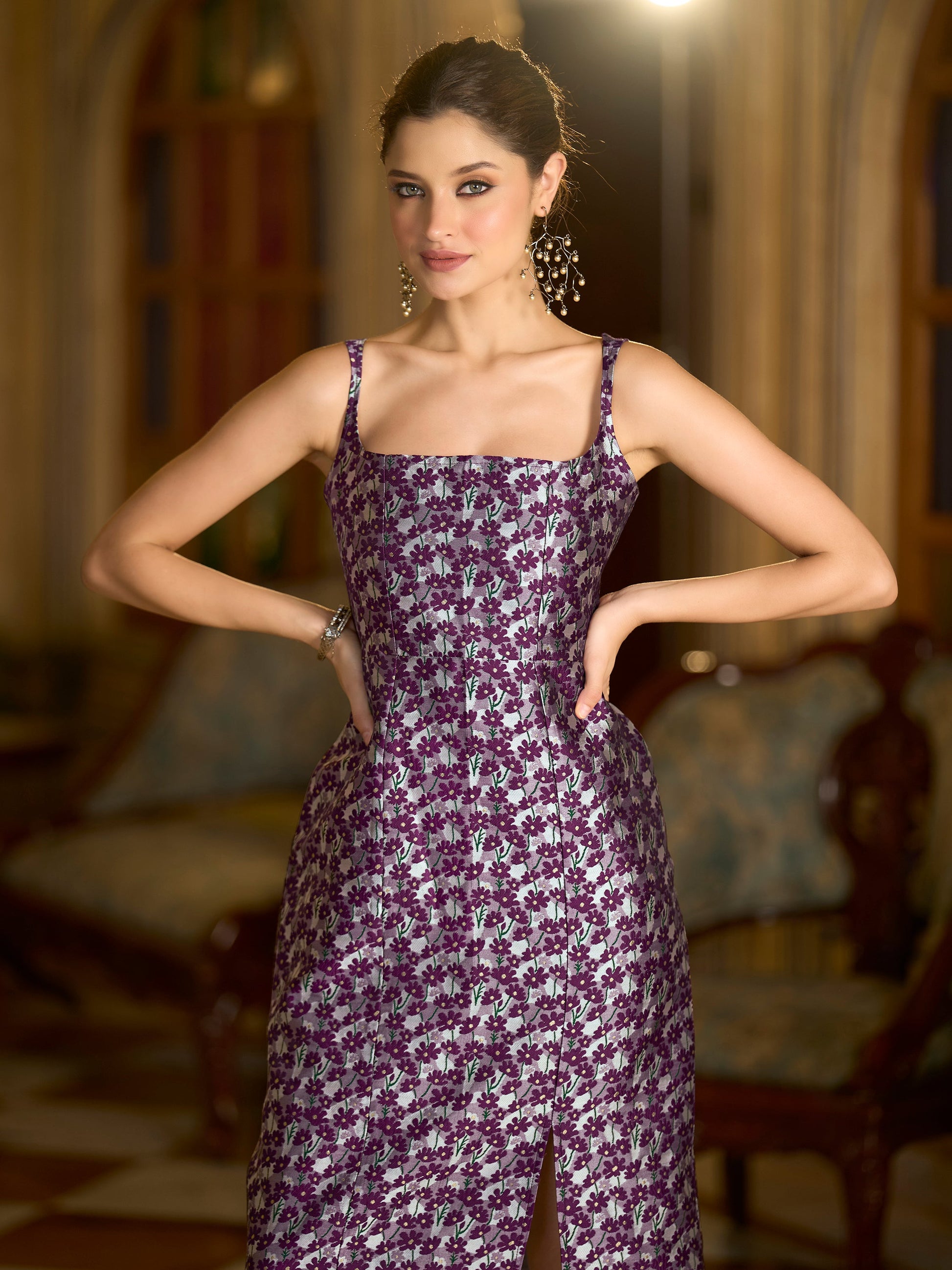 Women Bodycon Midi Sleeveless Square Emblished Dress