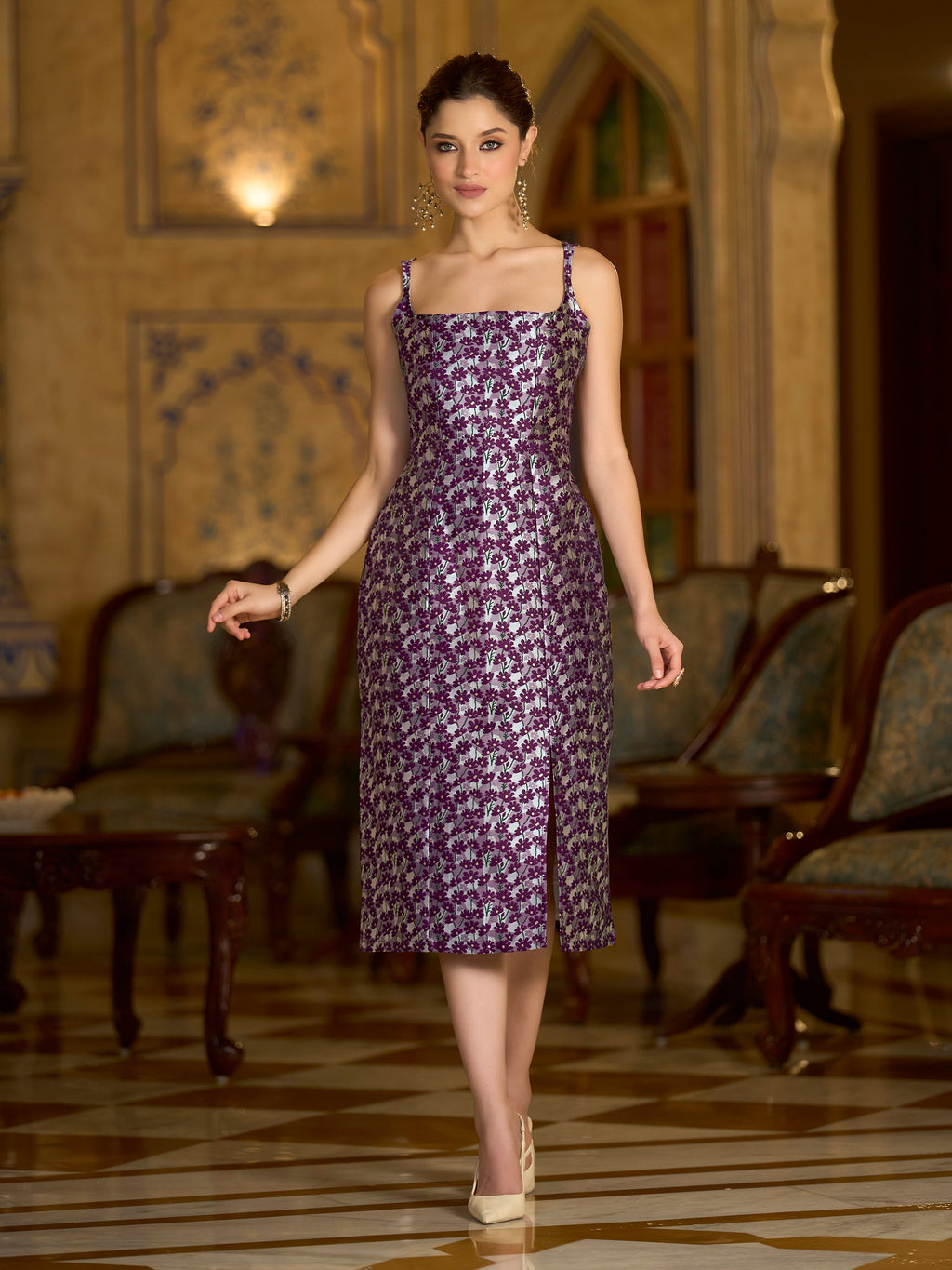 Women Bodycon Midi Sleeveless Square Emblished Dress