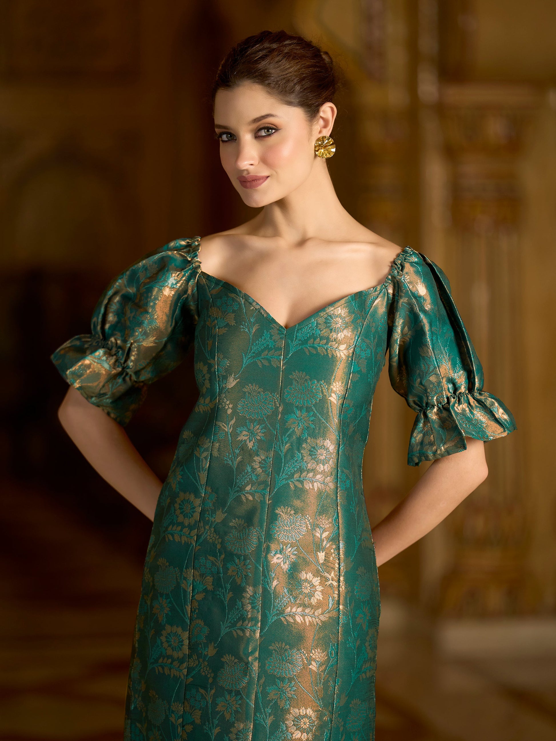 Midi Length Embellished Puff Sleeve Dress