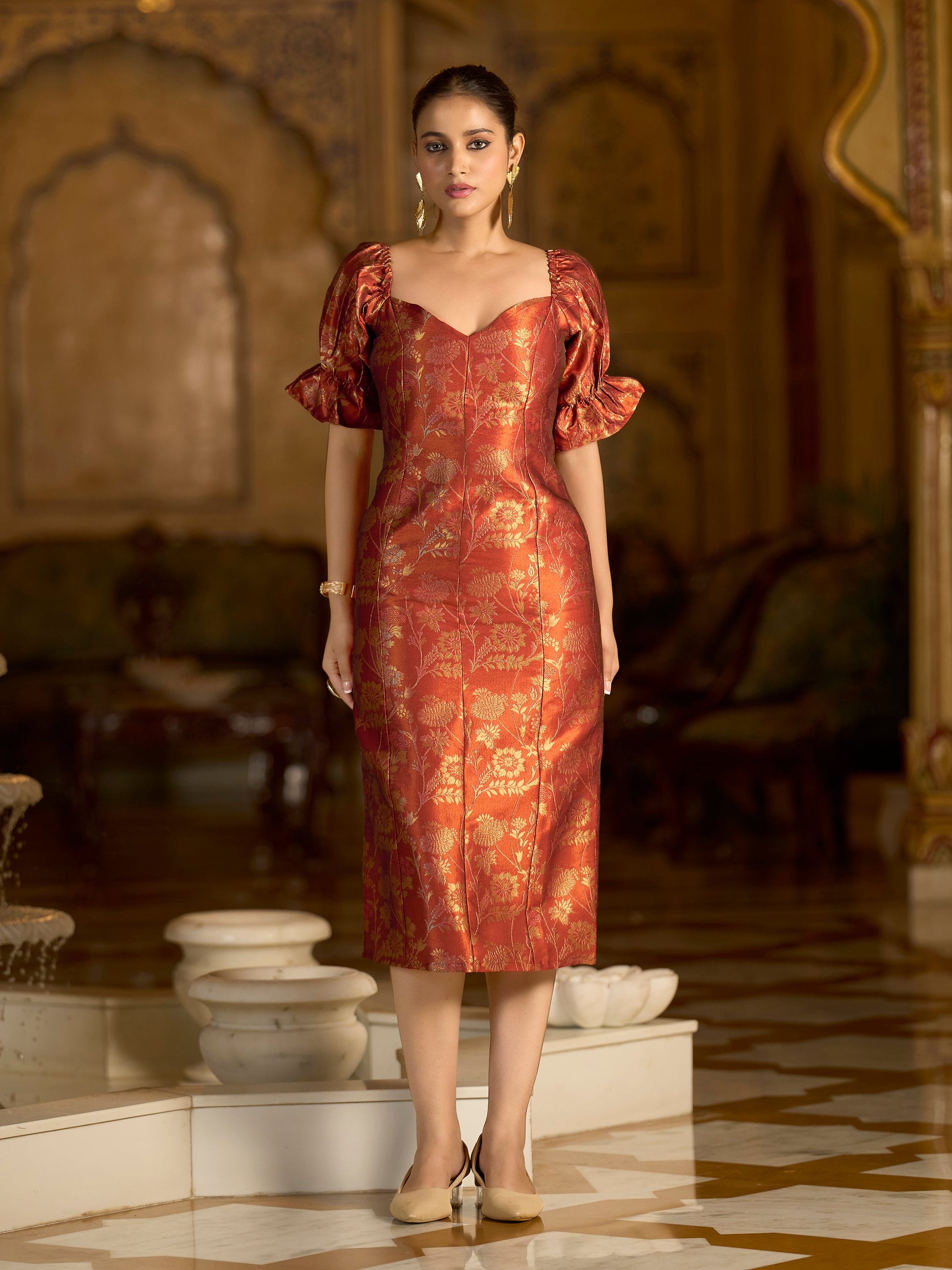 Midi Length Embellished Puff Sleeve Dress