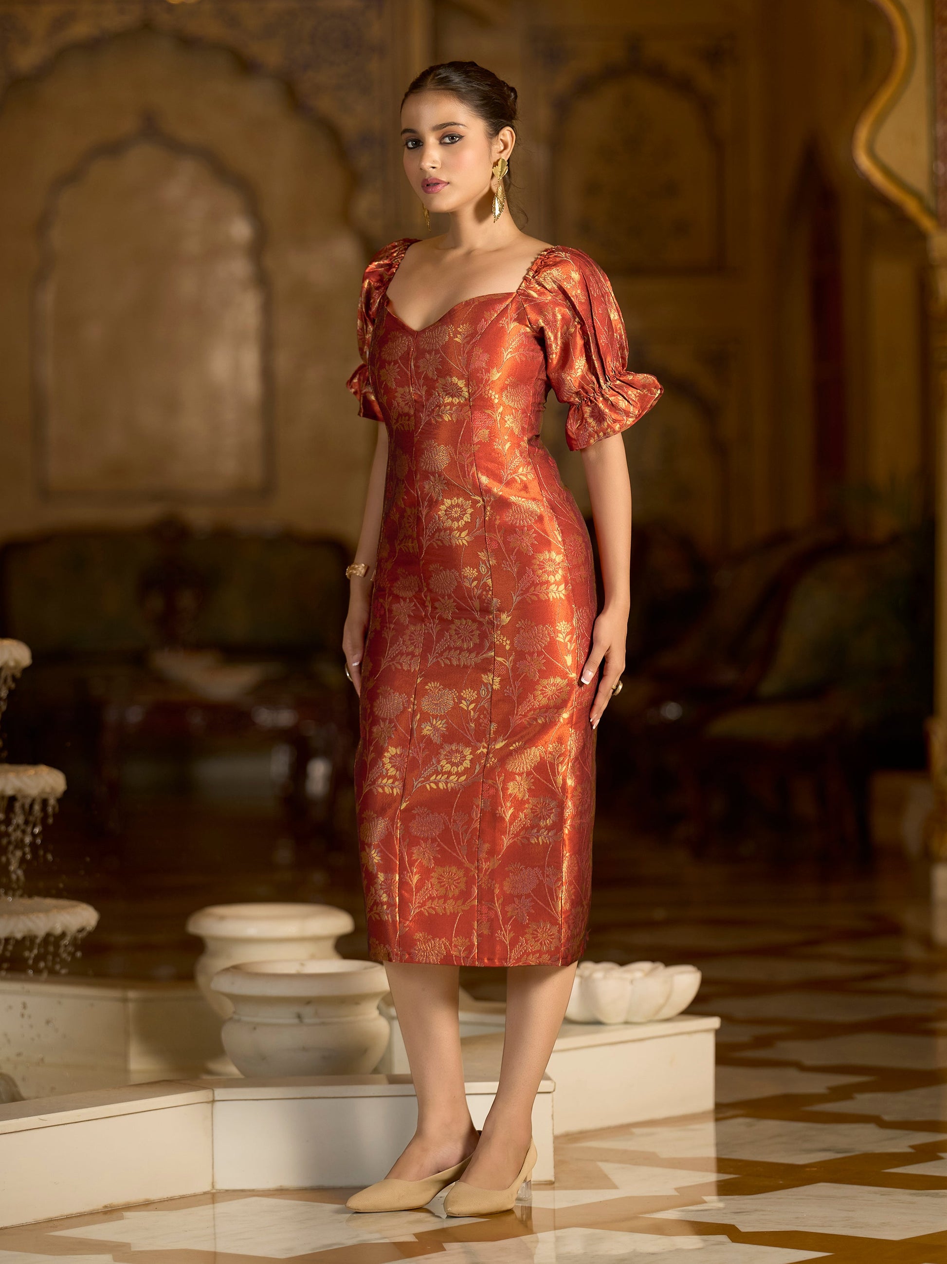 Midi Length Embellished Puff Sleeve Dress