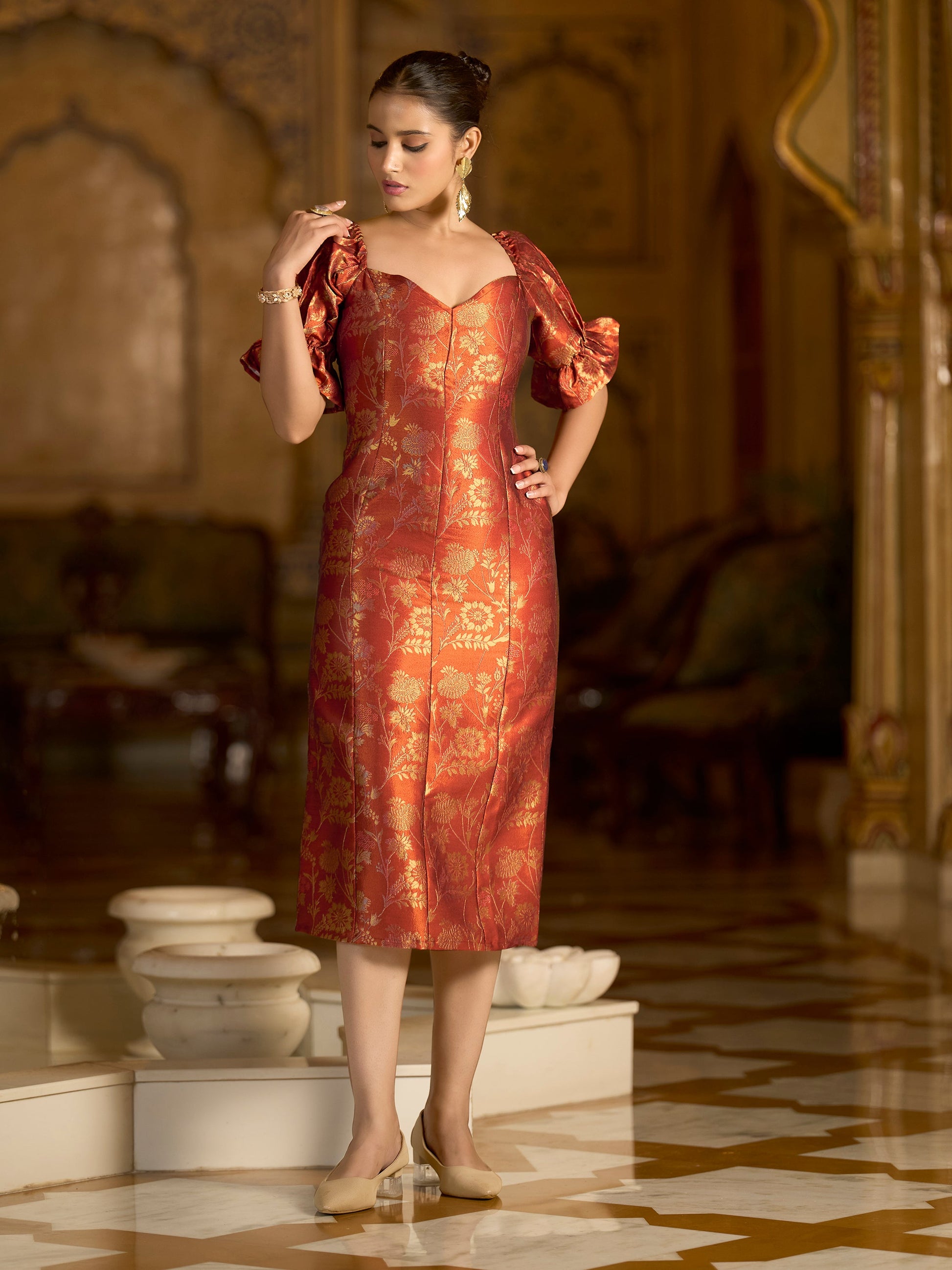 Midi Length Embellished Puff Sleeve Dress