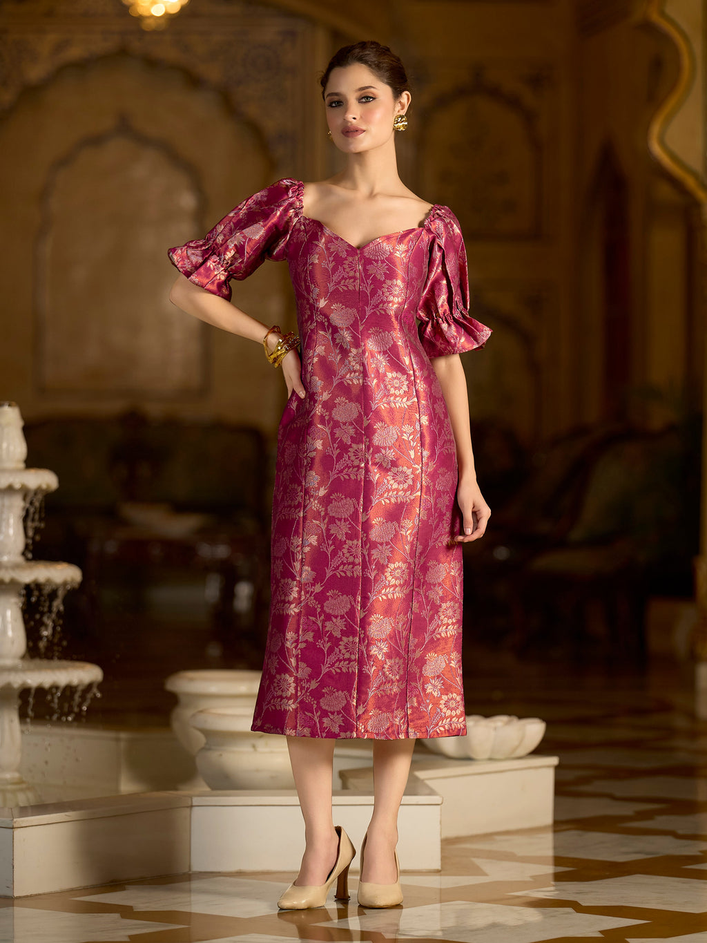 Midi Length Embellished Puff Sleeve Dress