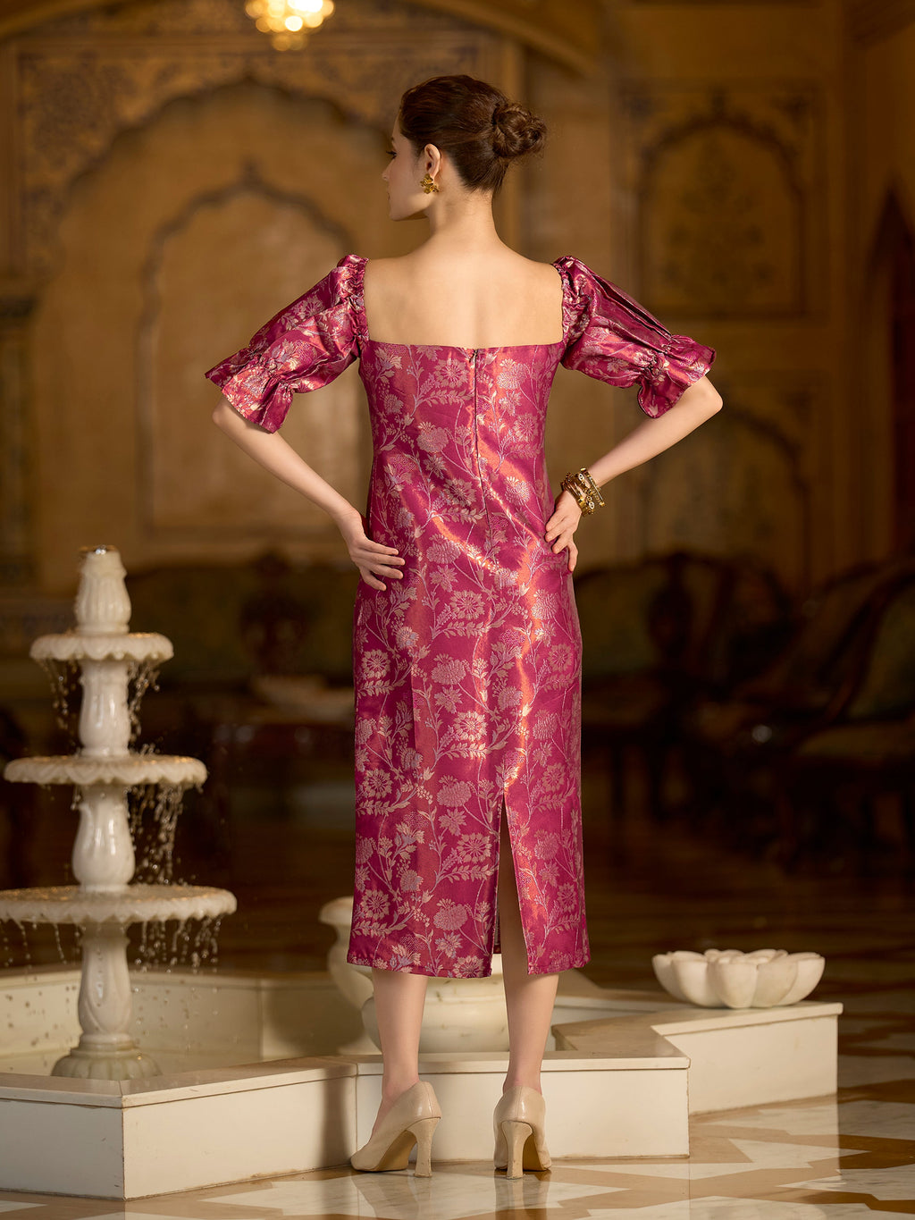 Midi Length Embellished Puff Sleeve Dress