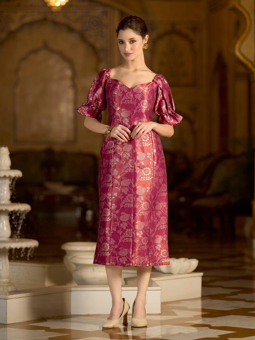 Midi Length Embellished Puff Sleeve Dress