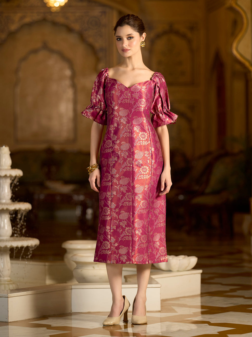 Midi Length Embellished Puff Sleeve Dress