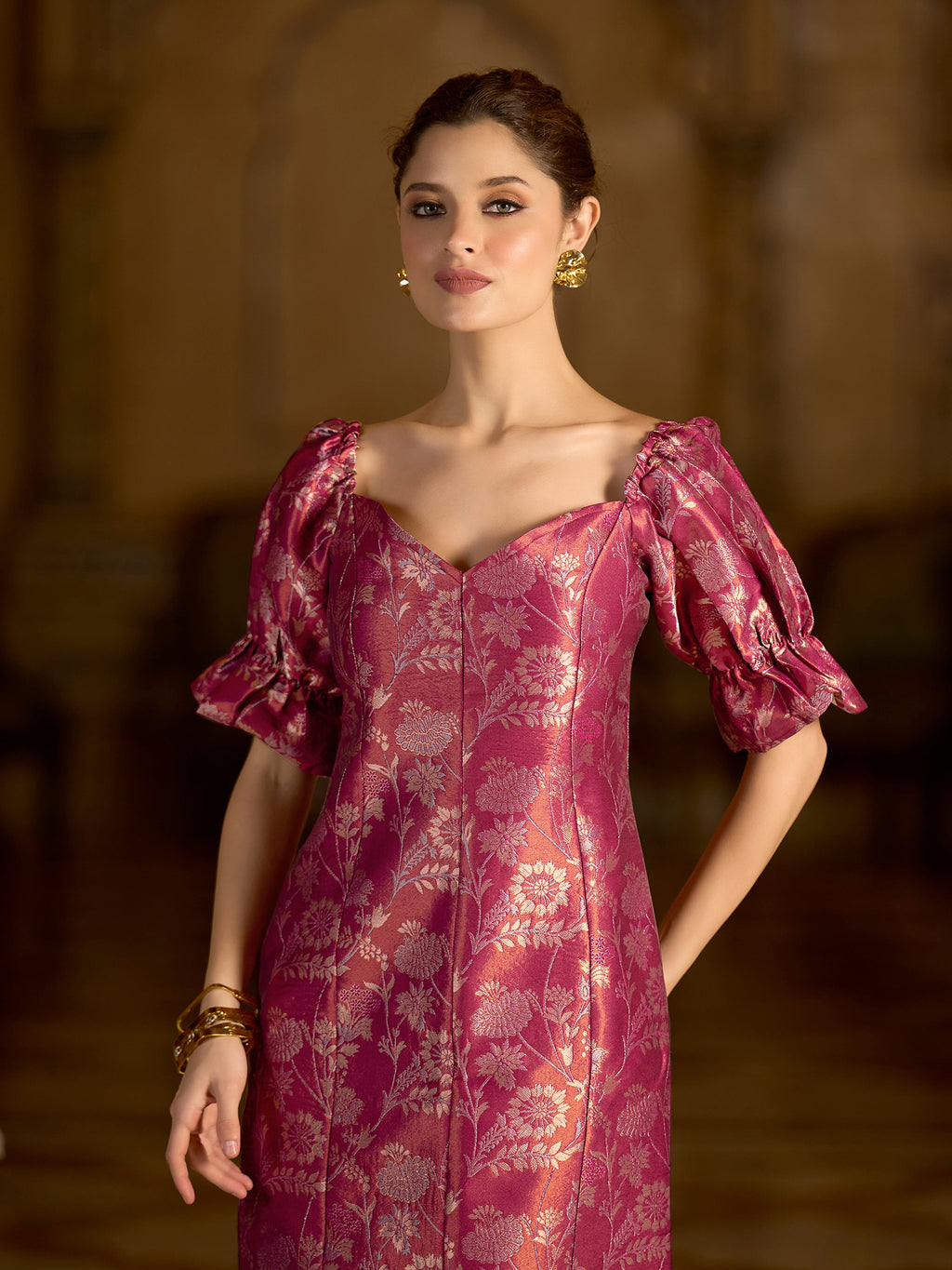 Midi Length Embellished Puff Sleeve Dress