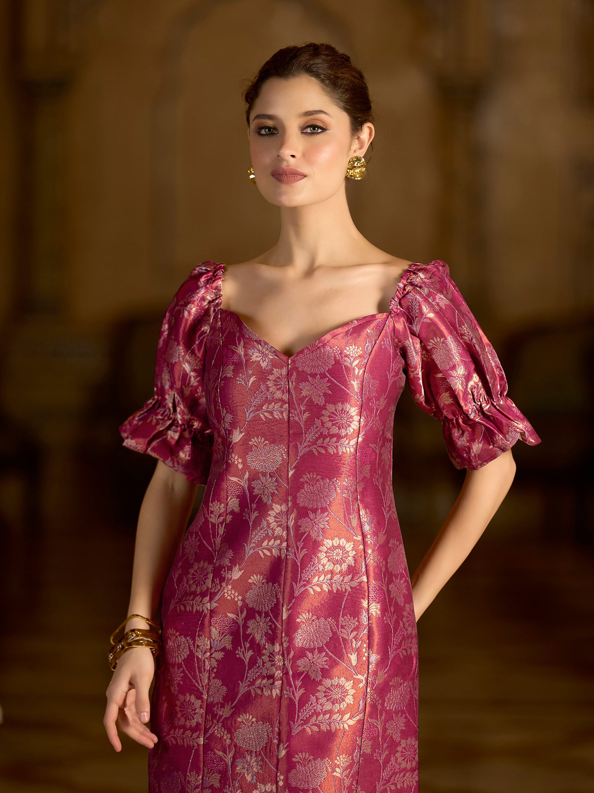 Midi Length Embellished Puff Sleeve Dress