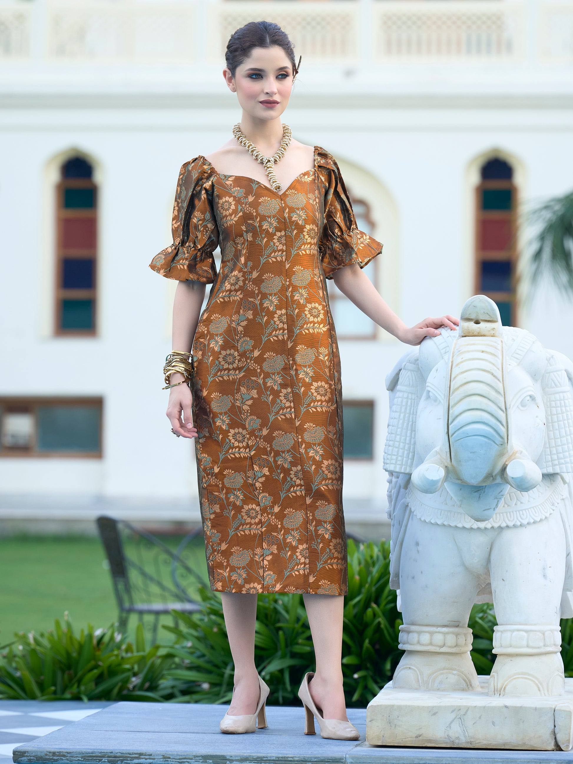 Midi Length Embellished Puff Sleeve Dress