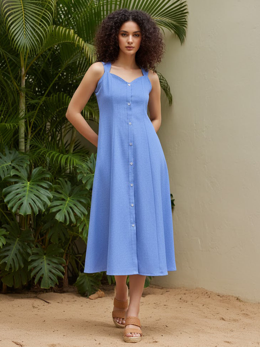 Midi Length Sleeveless Solid Dress