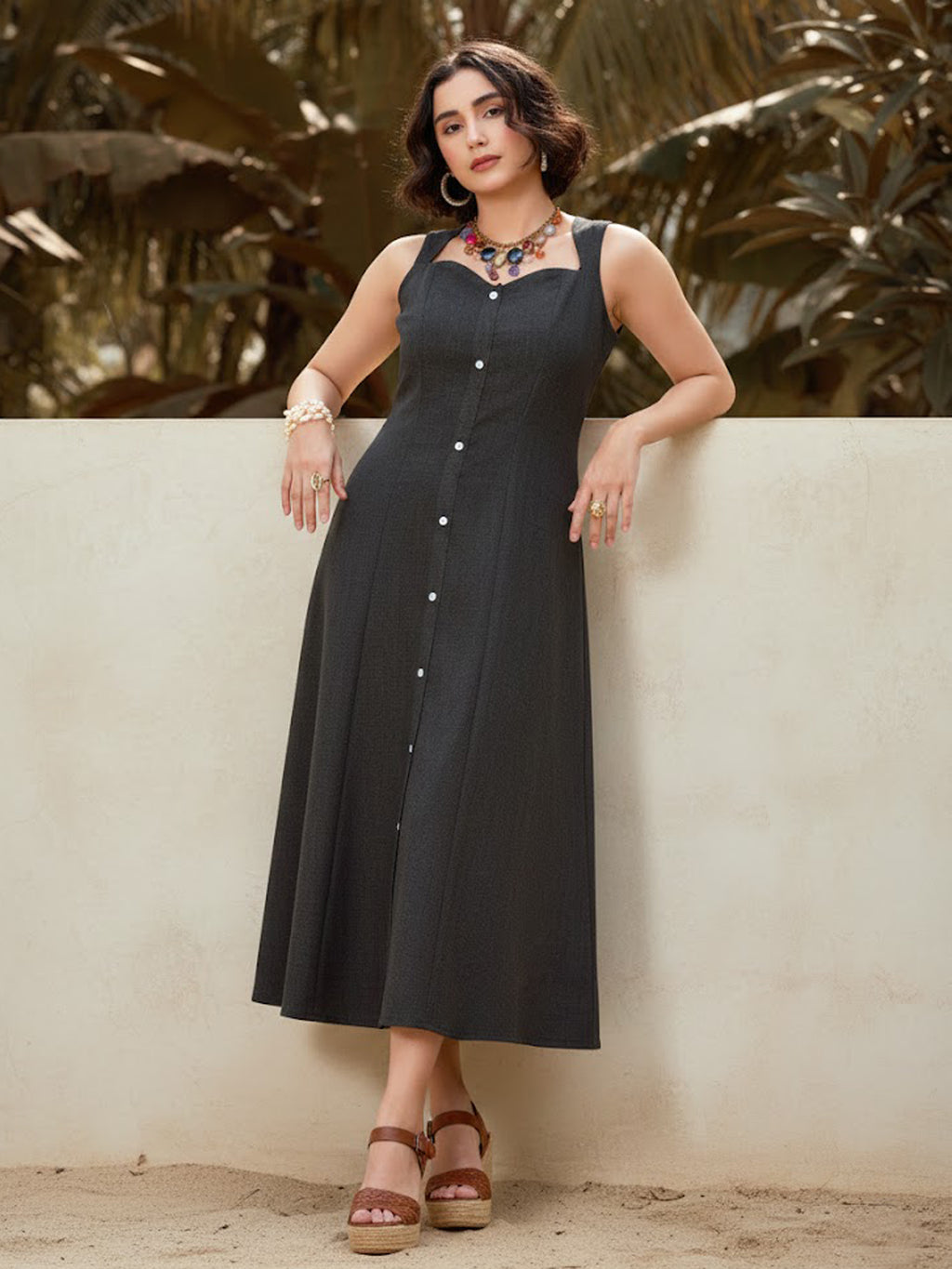 Midi Length Sleeveless Solid Dress