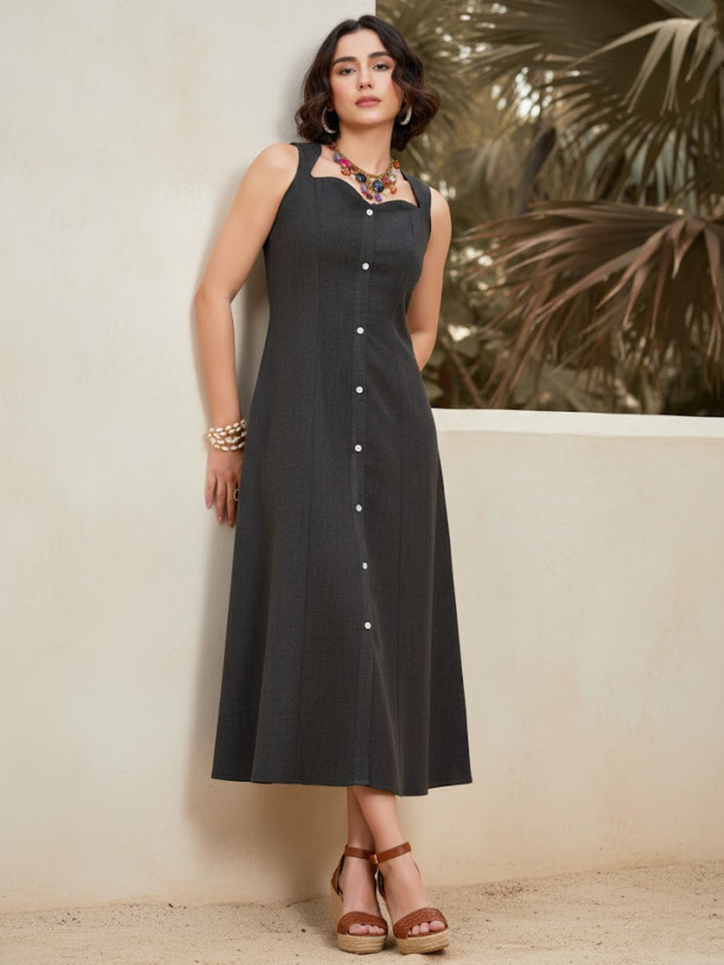 Midi Length Sleeveless Solid Dress