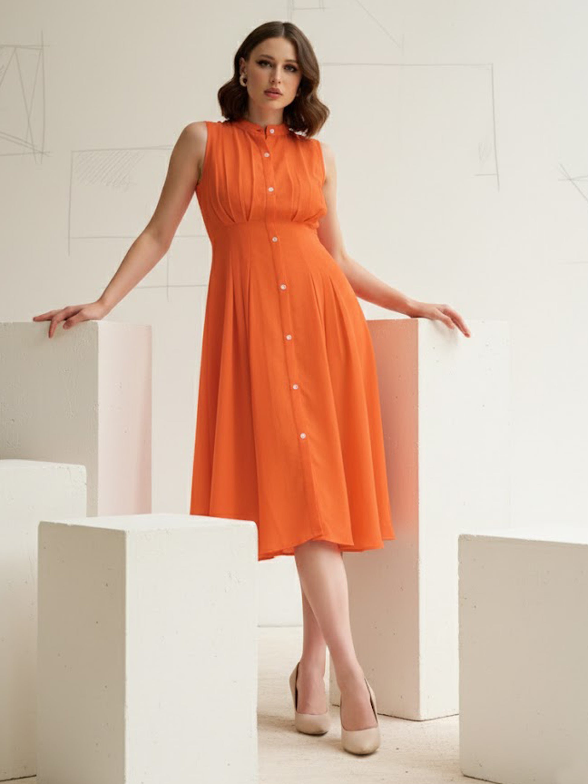 Knee Length Sleeveless Solid Dress