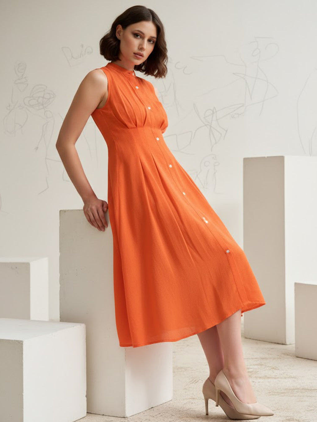 Knee Length Sleeveless Solid Dress