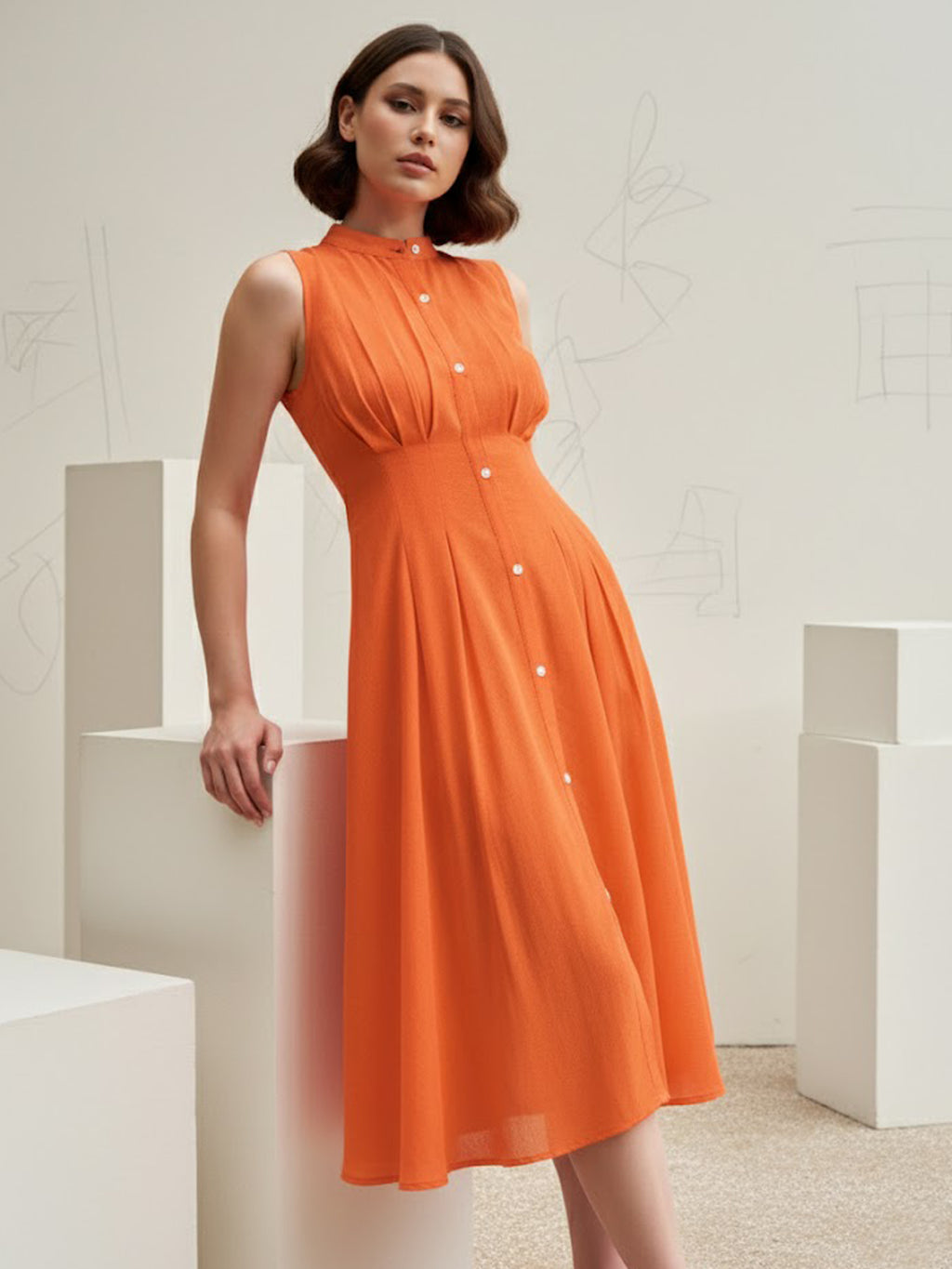Knee Length Sleeveless Solid Dress