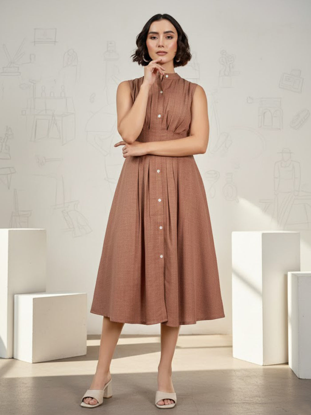 Knee Length Sleeveless Solid Dress