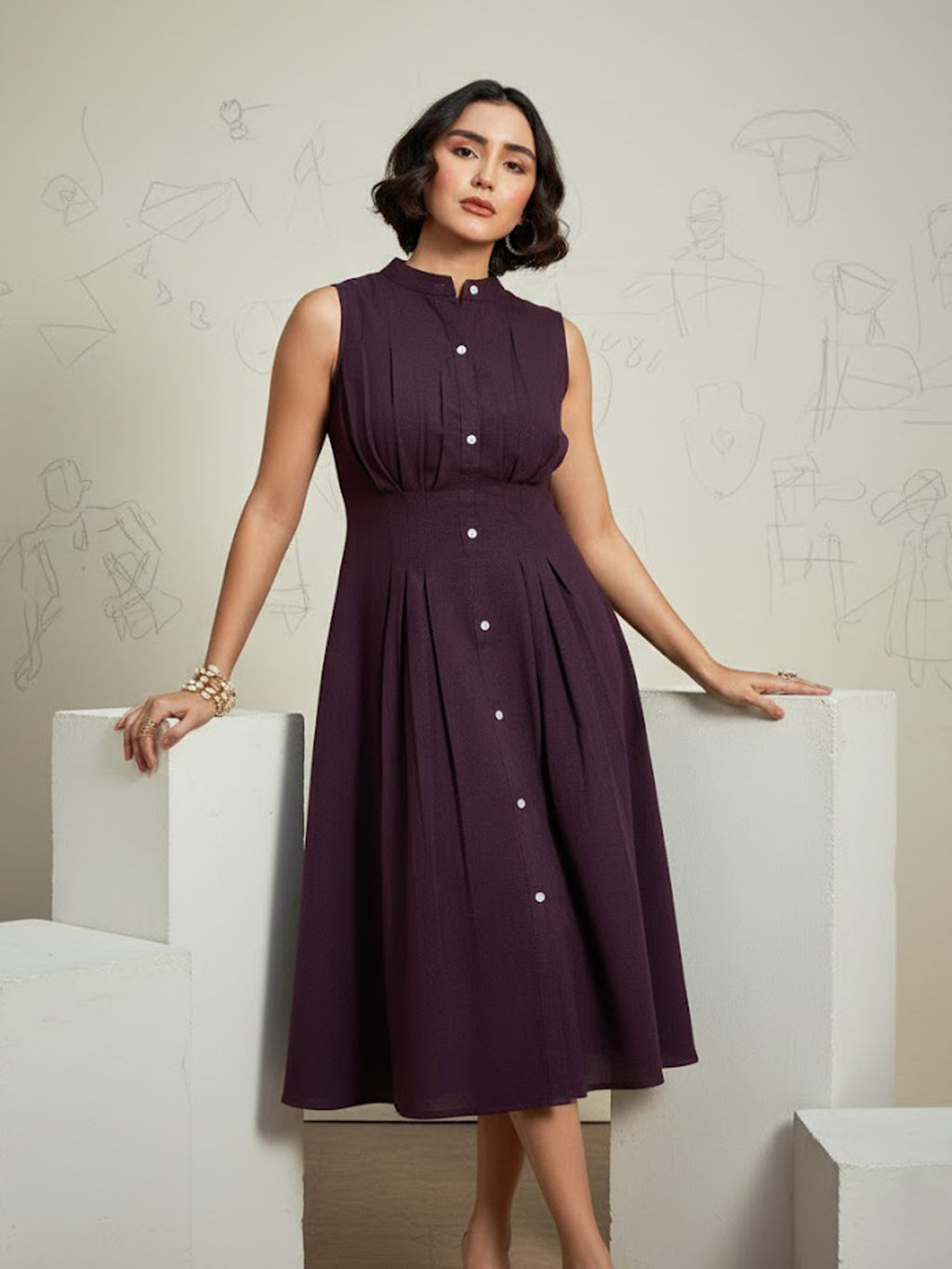 Knee Length Sleeveless Solid Dress