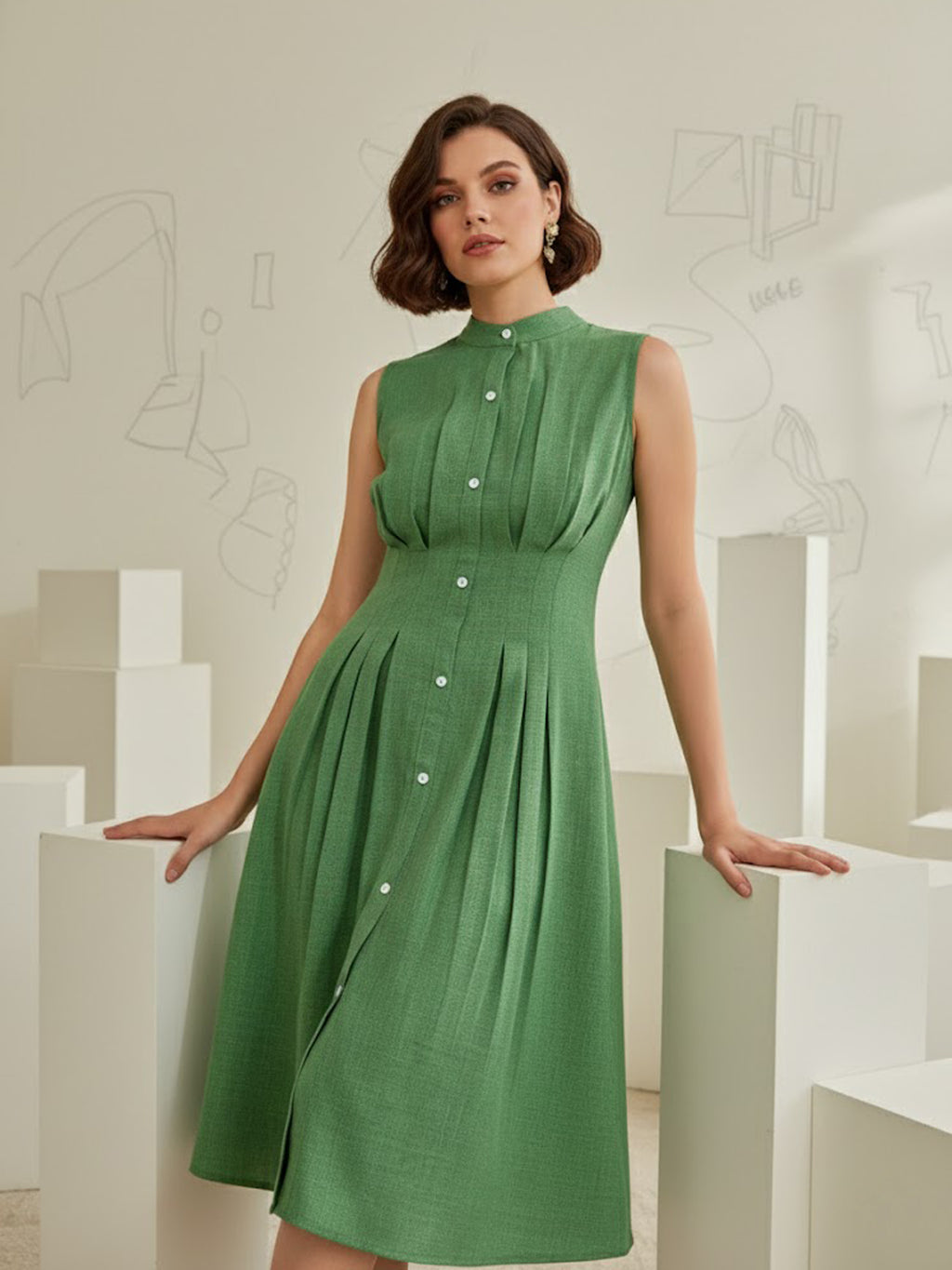 Knee Length Sleeveless Solid Dress