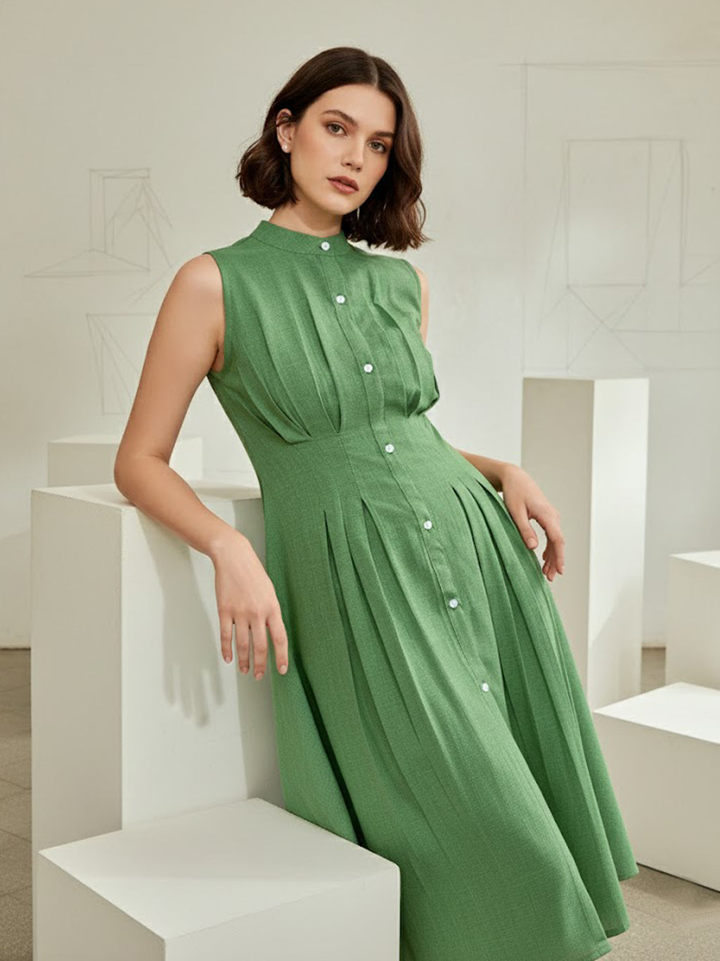 Knee Length Sleeveless Solid Dress