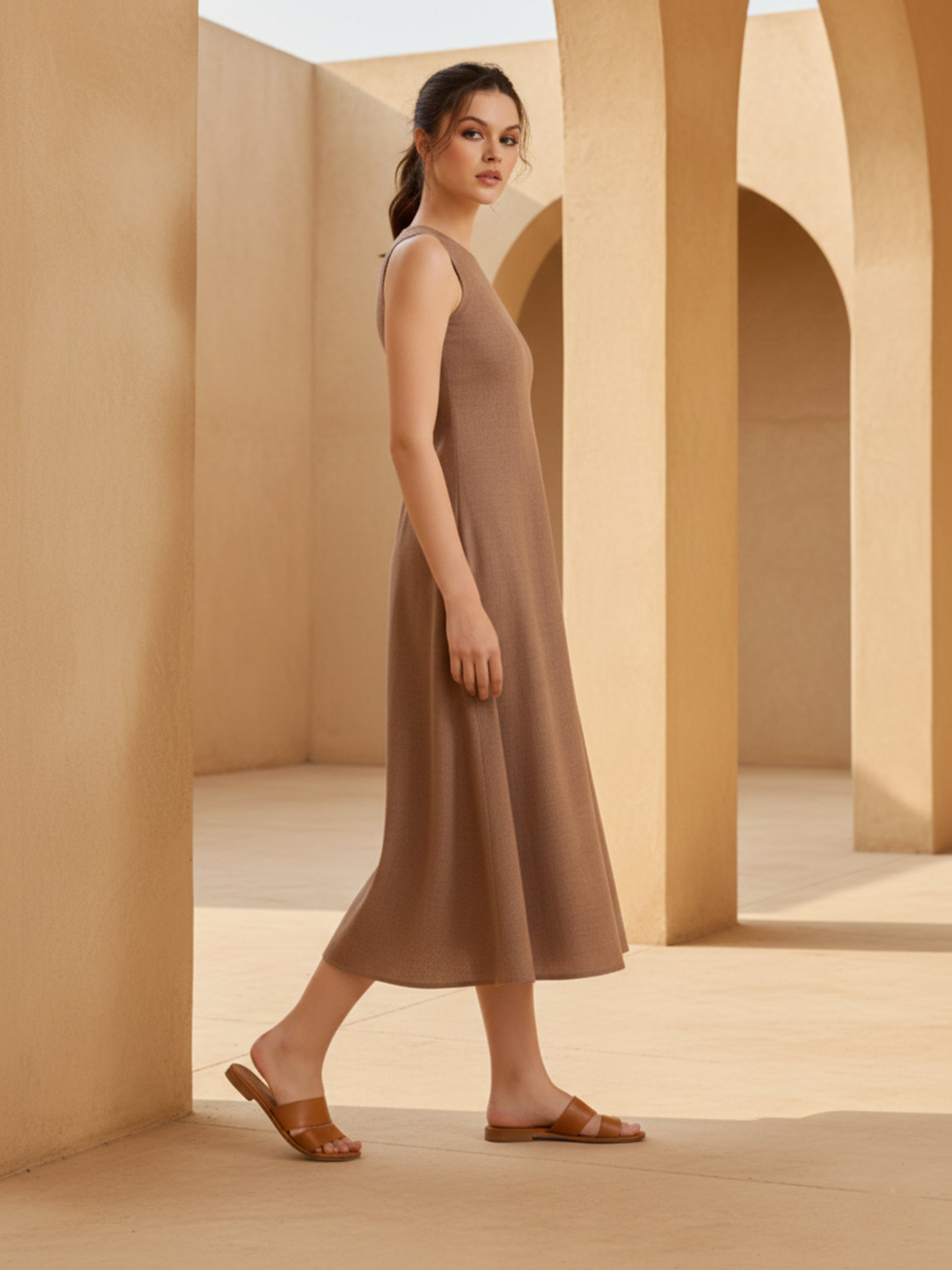 Women Midi Knee Length Sleeveless Boat Neck Solid Dress