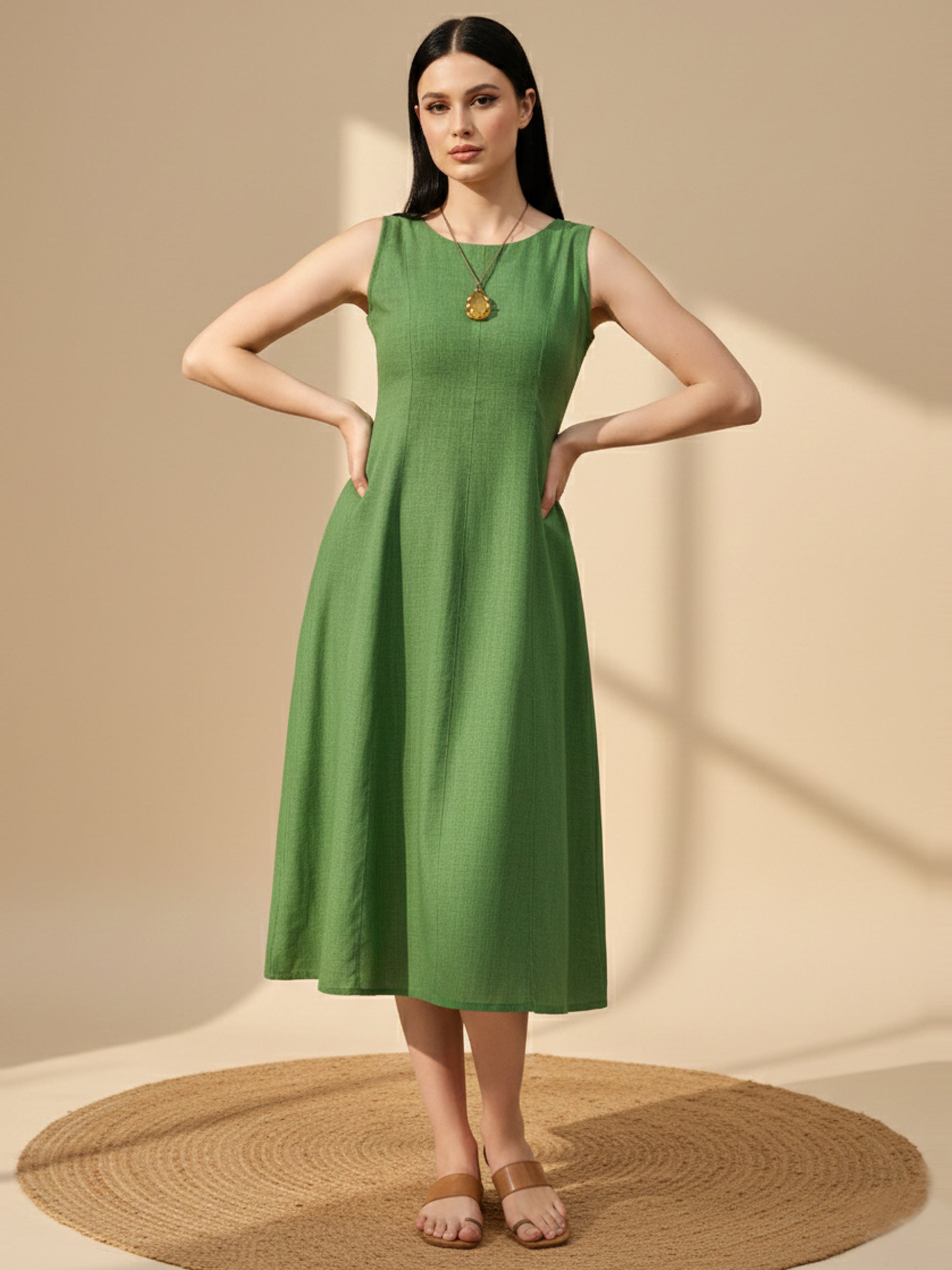 Solid Knee Length Sleeveless Dress
