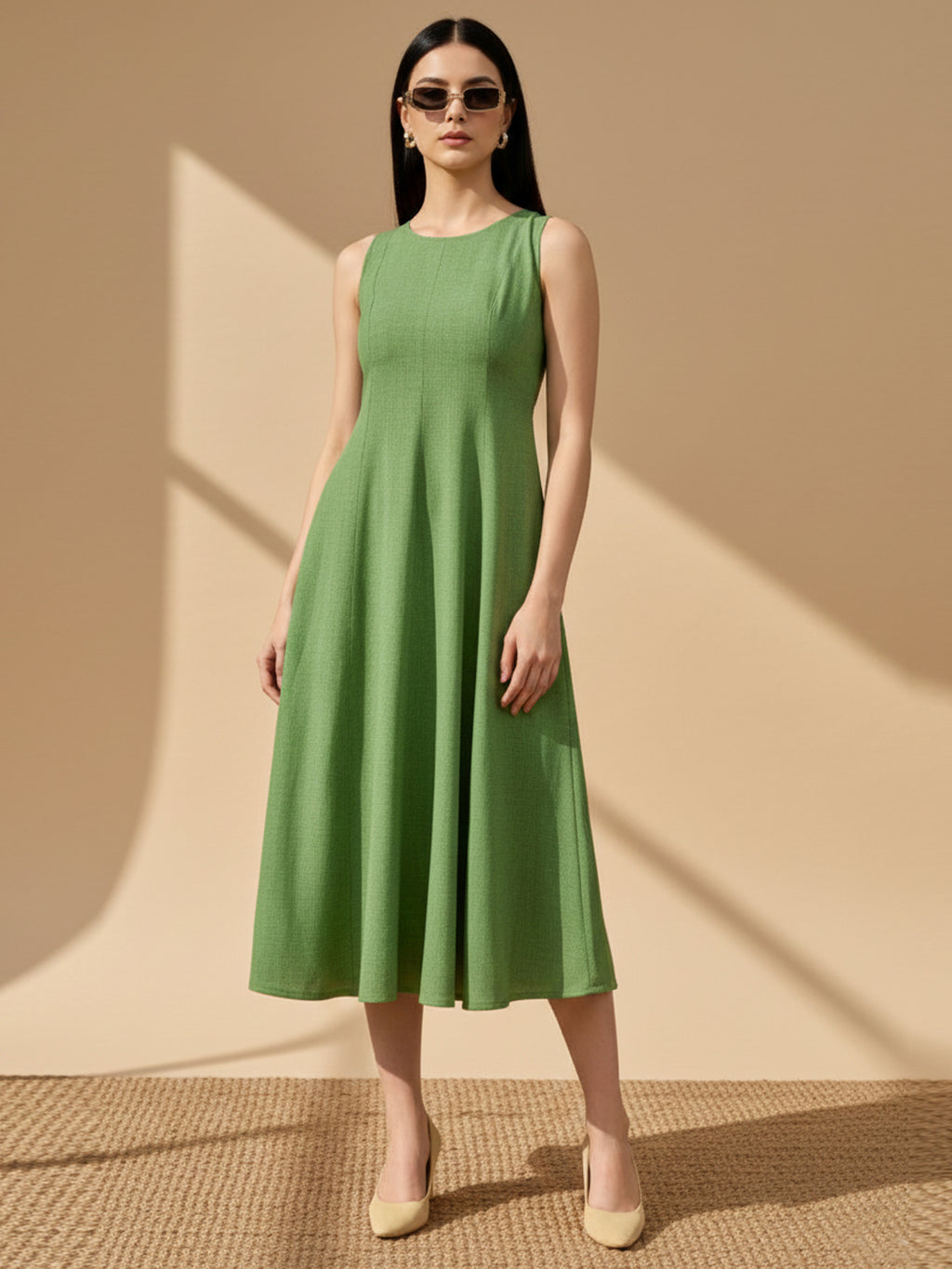 Solid Knee Length Sleeveless Dress