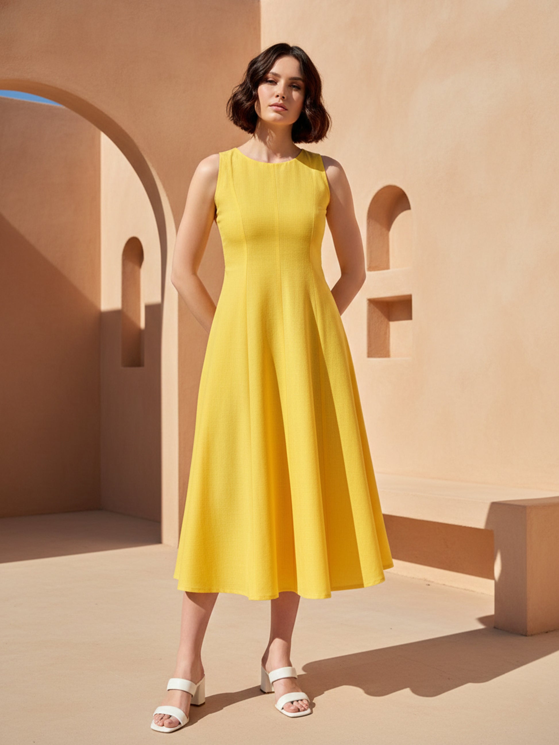 Women Midi Knee Length Sleeveless Boat Neck Solid Dress