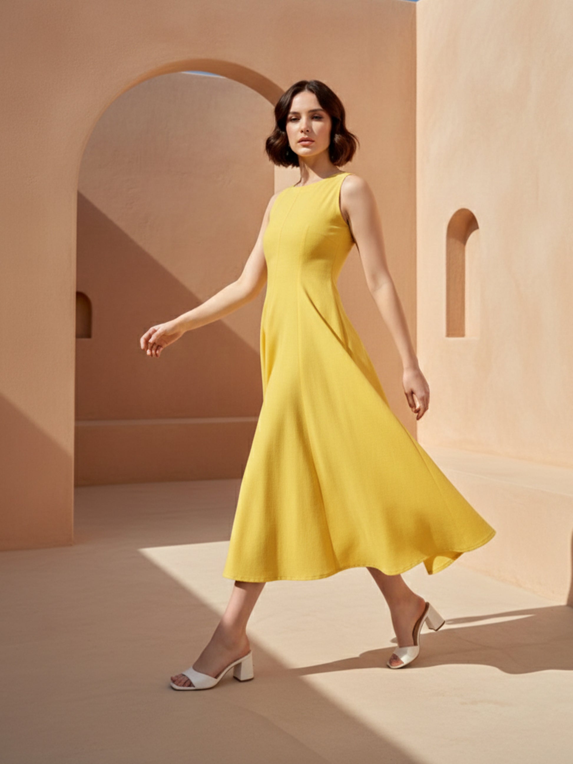 Women Midi Knee Length Sleeveless Boat Neck Solid Dress