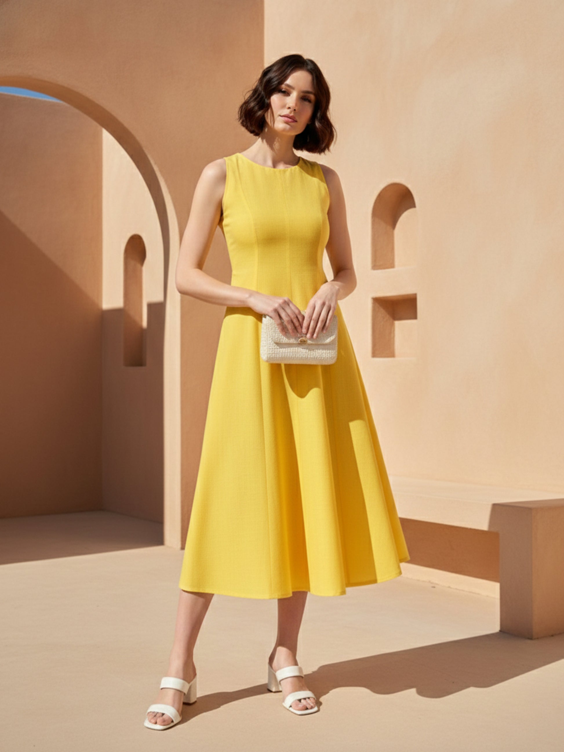 Women Midi Knee Length Sleeveless Boat Neck Solid Dress