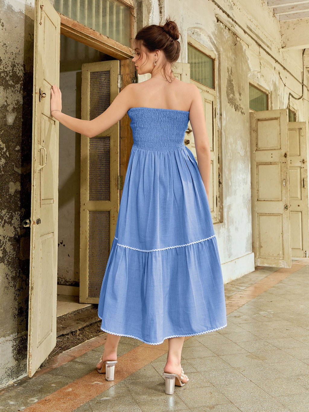 Women's Strapless Midi Sleeveless Off Shoulder Solid Dress