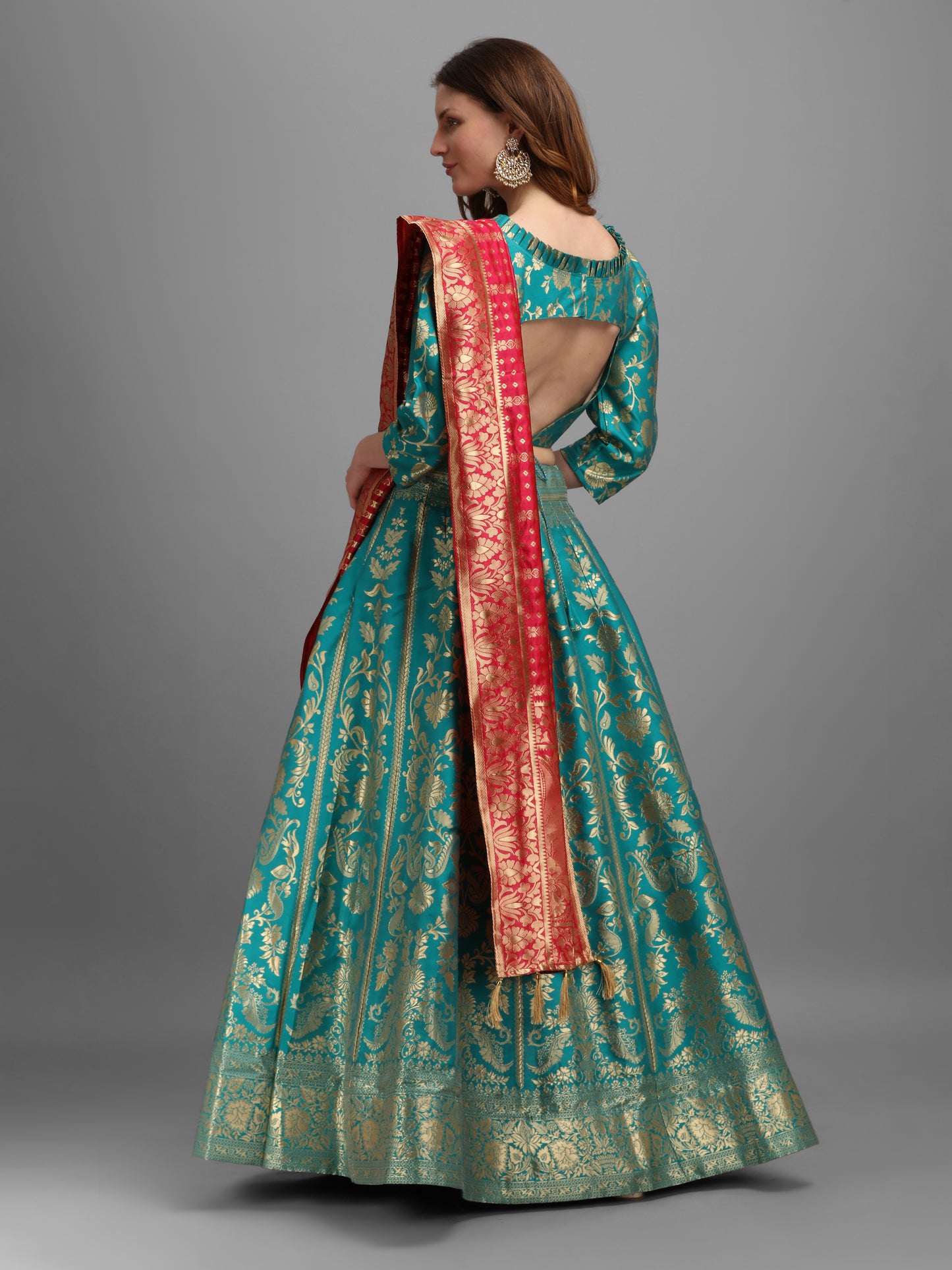 Floral Woven Kalidar Sea Green Lehenga Choli