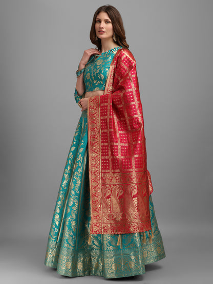 Floral Woven Kalidar Sea Green Lehenga Choli