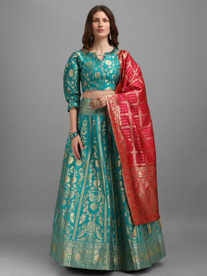 Floral Woven Kalidar Sea Green Lehenga Choli