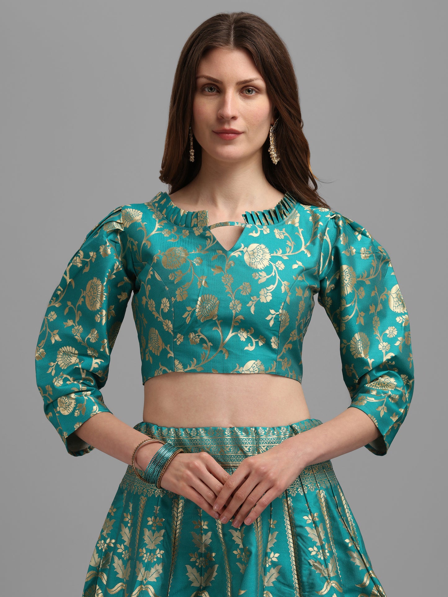 Floral Woven Kalidar Sea Green Lehenga Choli