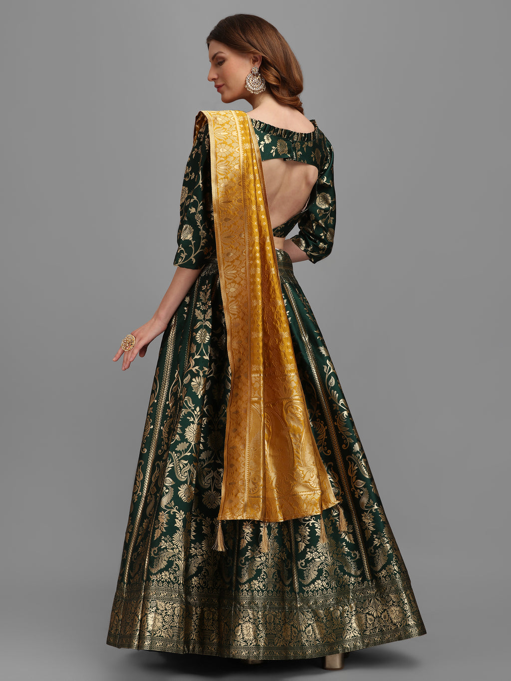 Floral Woven Kalidar Dark Green Lehenga Choli