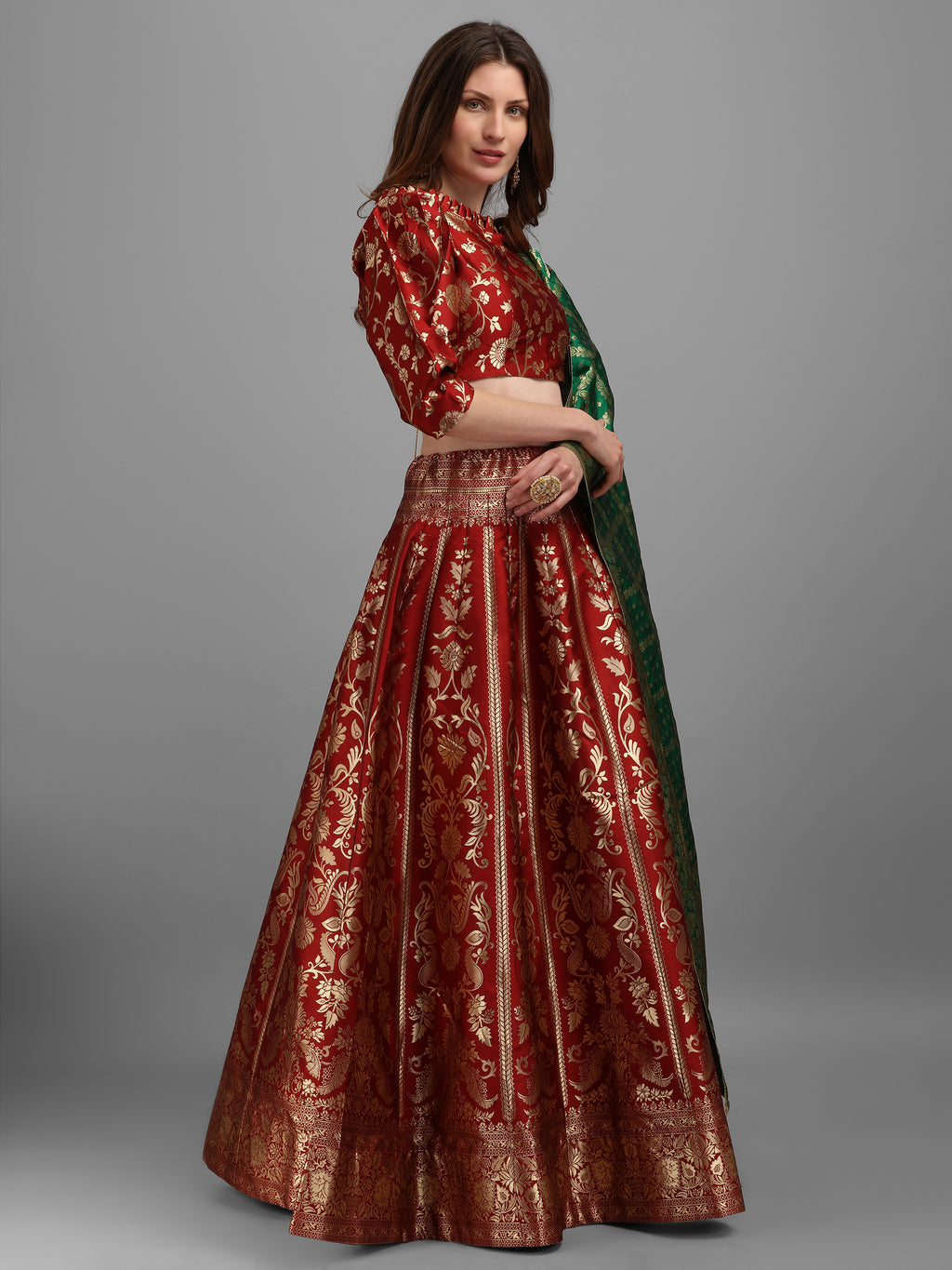Floral Woven Kalidar Maroon Lehenga Choli