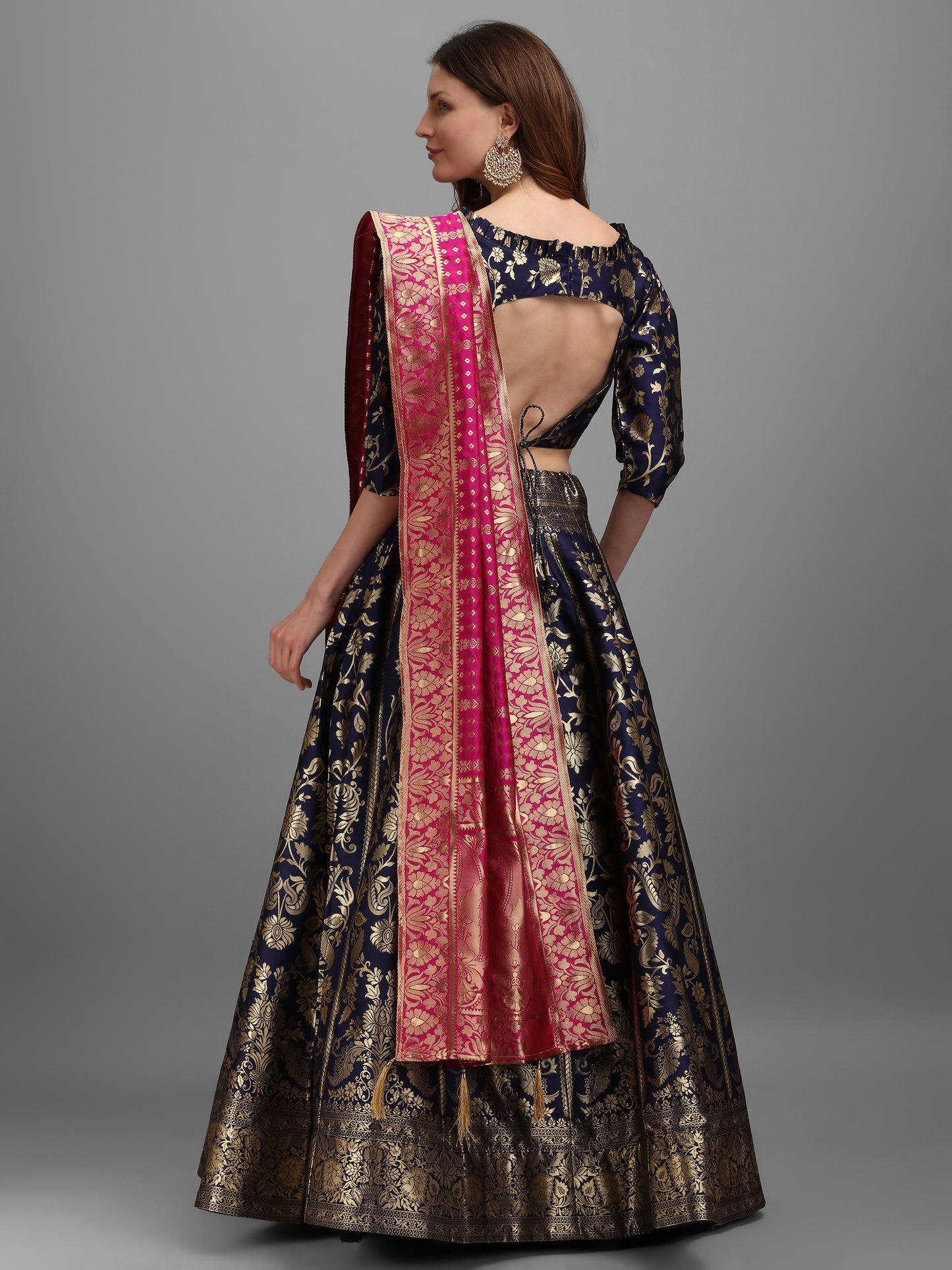 Floral Woven Kalidar Navy Blue Lehenga Choli