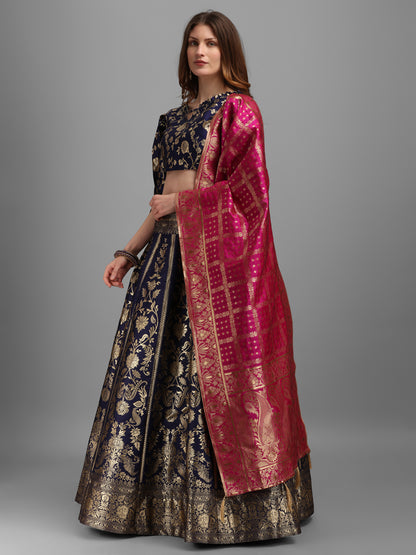 Floral Woven Kalidar Navy Blue Lehenga Choli