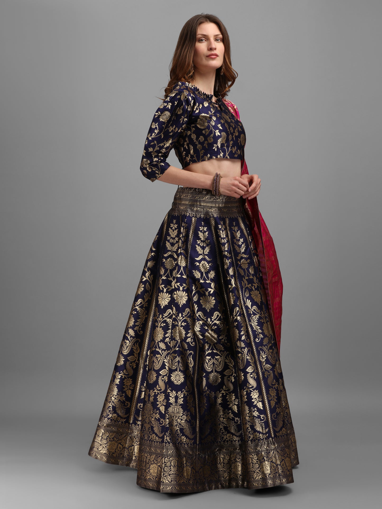 Floral Woven Kalidar Navy Blue Lehenga Choli