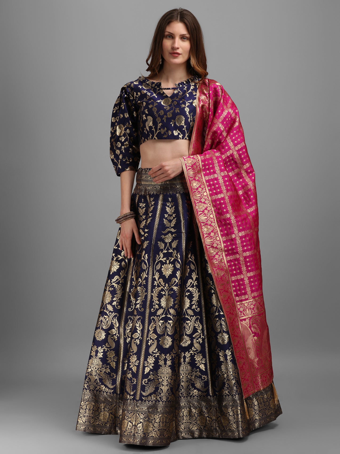 Floral Woven Kalidar Navy Blue Lehenga Choli