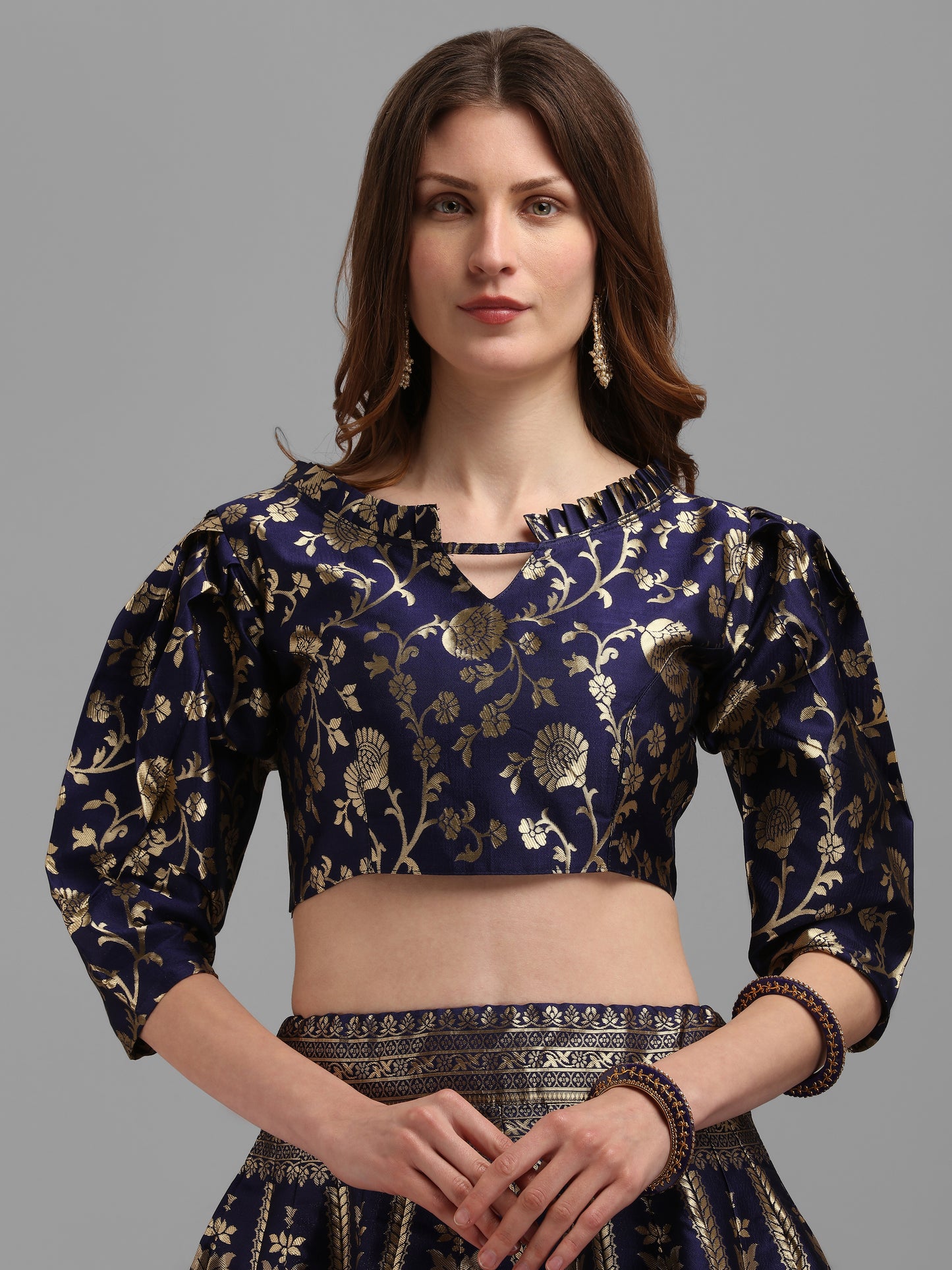 Floral Woven Kalidar Navy Blue Lehenga Choli