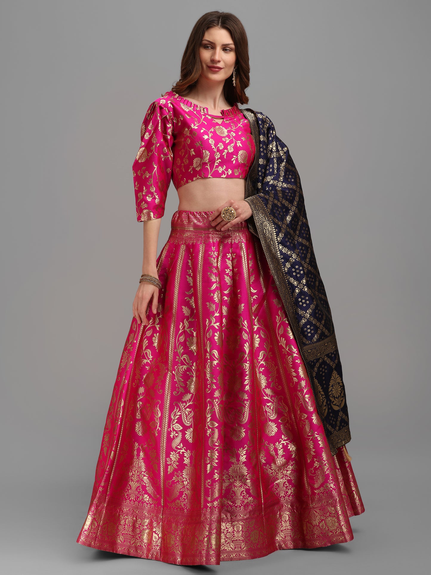 Floral Woven Kalidar Pink Lehenga Choli