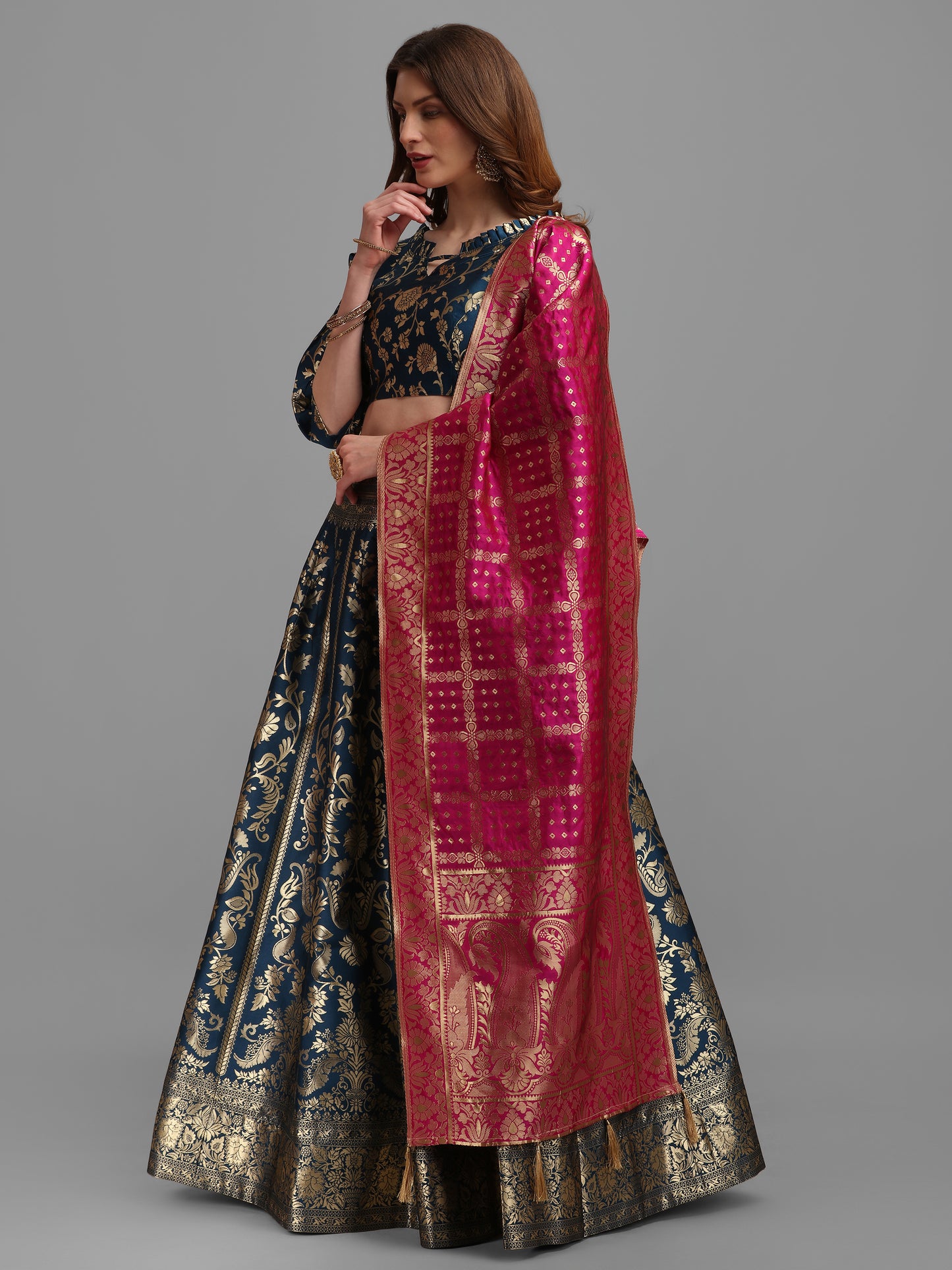 Floral Woven Kalidar Rama Lehenga Choli