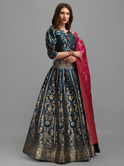 Floral Woven Kalidar Rama Lehenga Choli