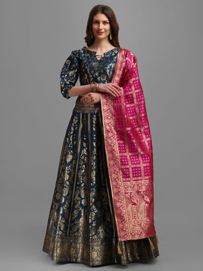 Floral Woven Kalidar Rama Lehenga Choli