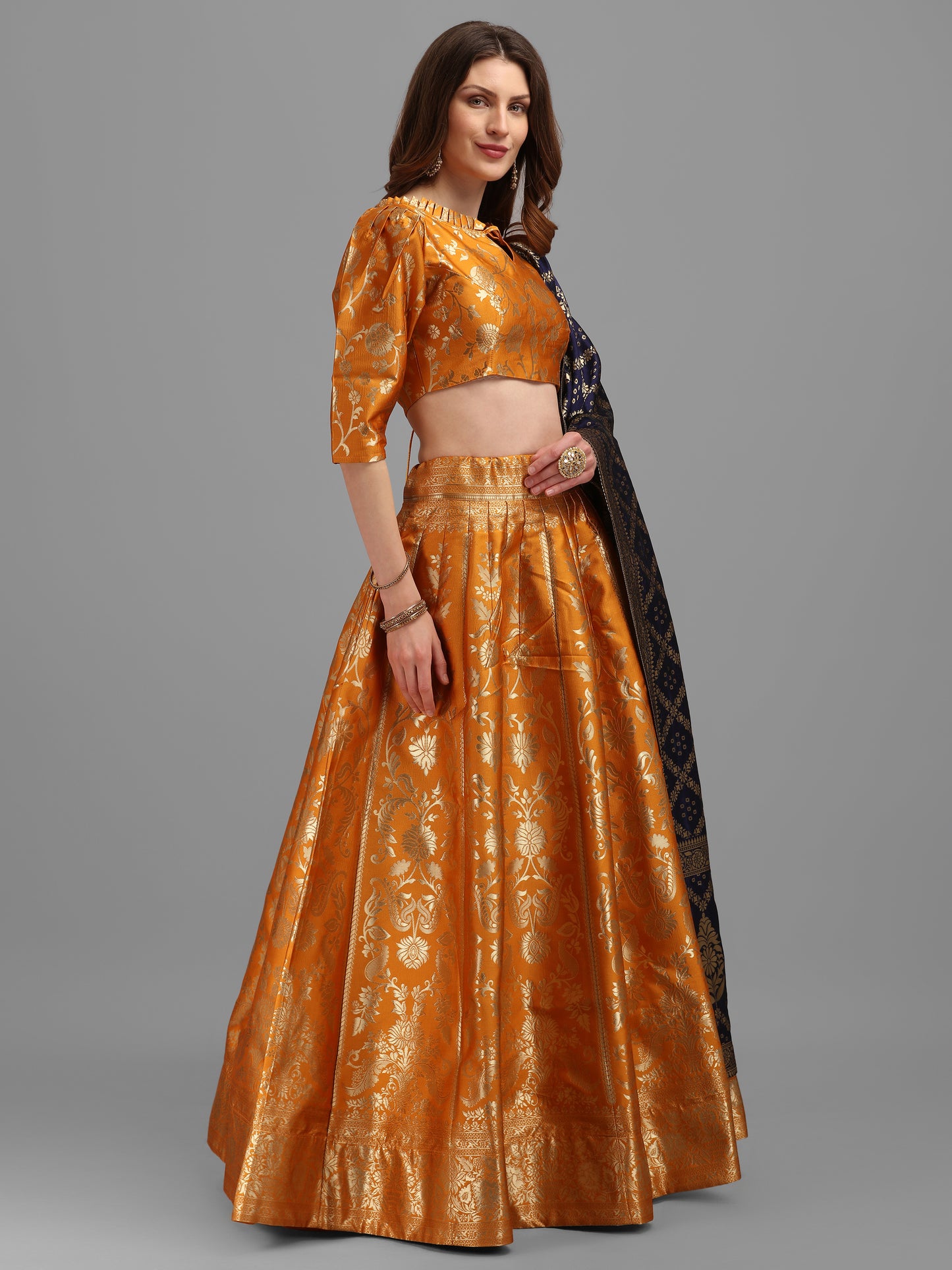 Floral Woven Kalidar Yellow Lehenga Choli