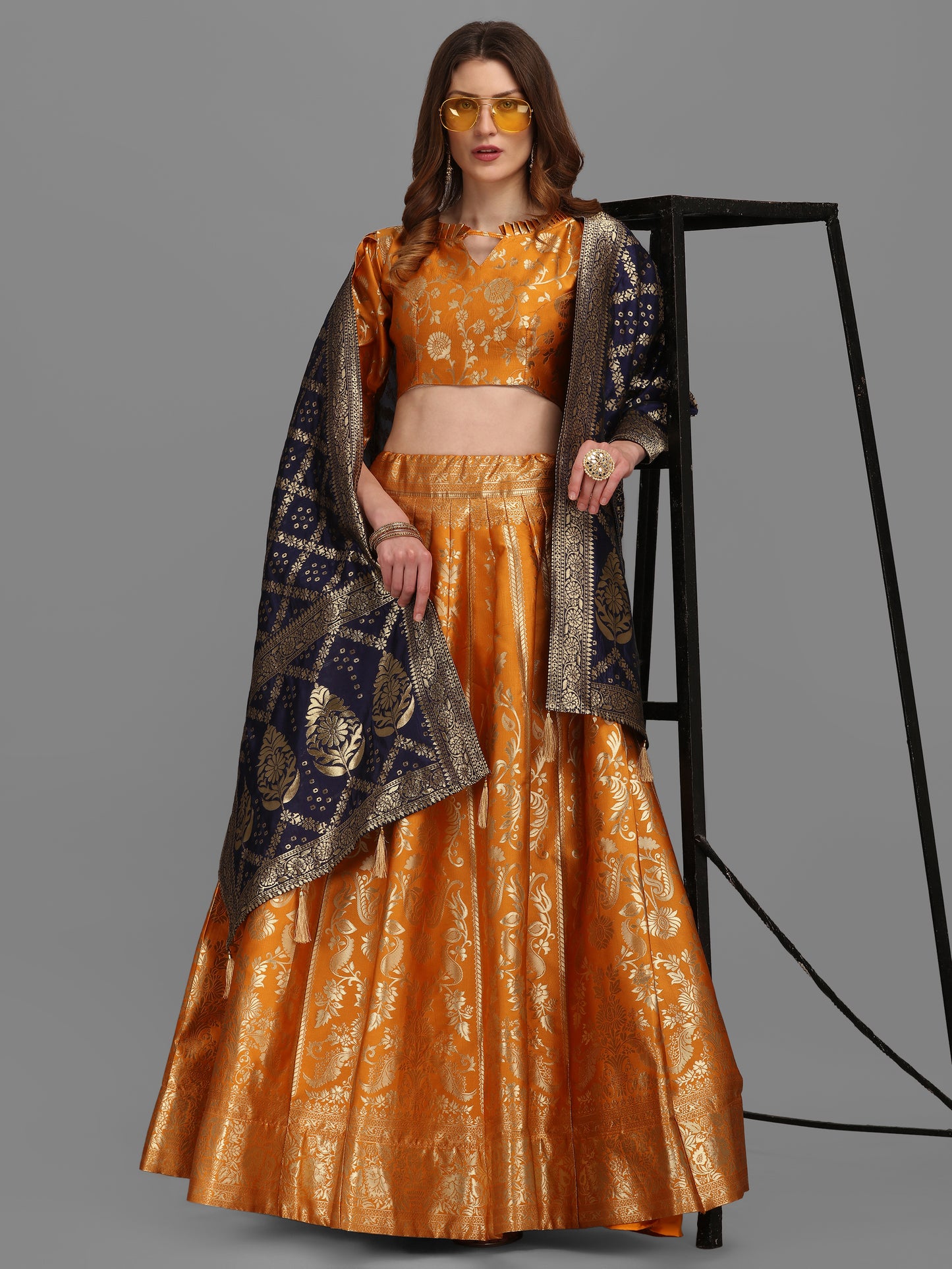 Floral Woven Kalidar Yellow Lehenga Choli