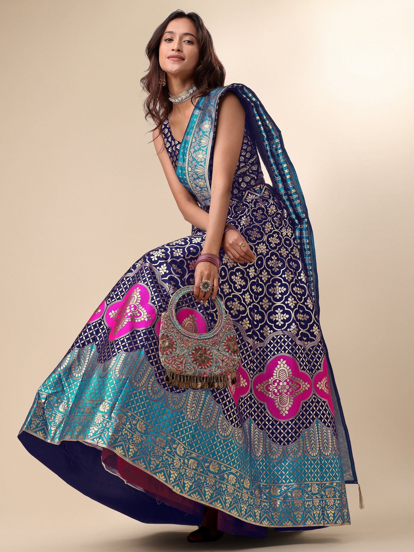 Garnish With Zari Motifs Navy Blue Lehenga Choli